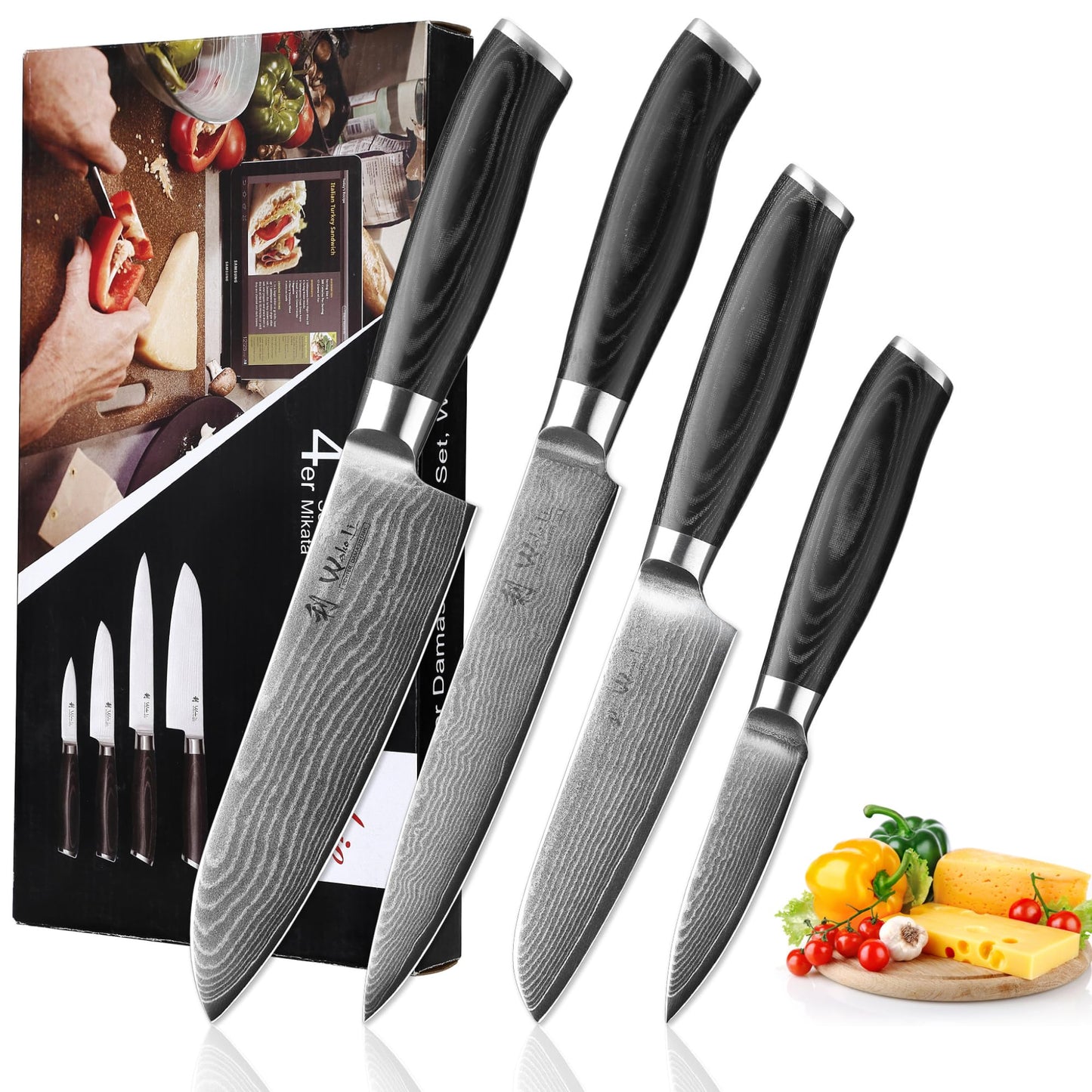 Wakoli Mikata 4-Piece Damascus Knife Set – Professional Kitchen Knife Set with VG10 Core, 67-Layer Damascus Steel and Ergonomic Micarta Handles – Premium Kitchen Knives in Gift Box