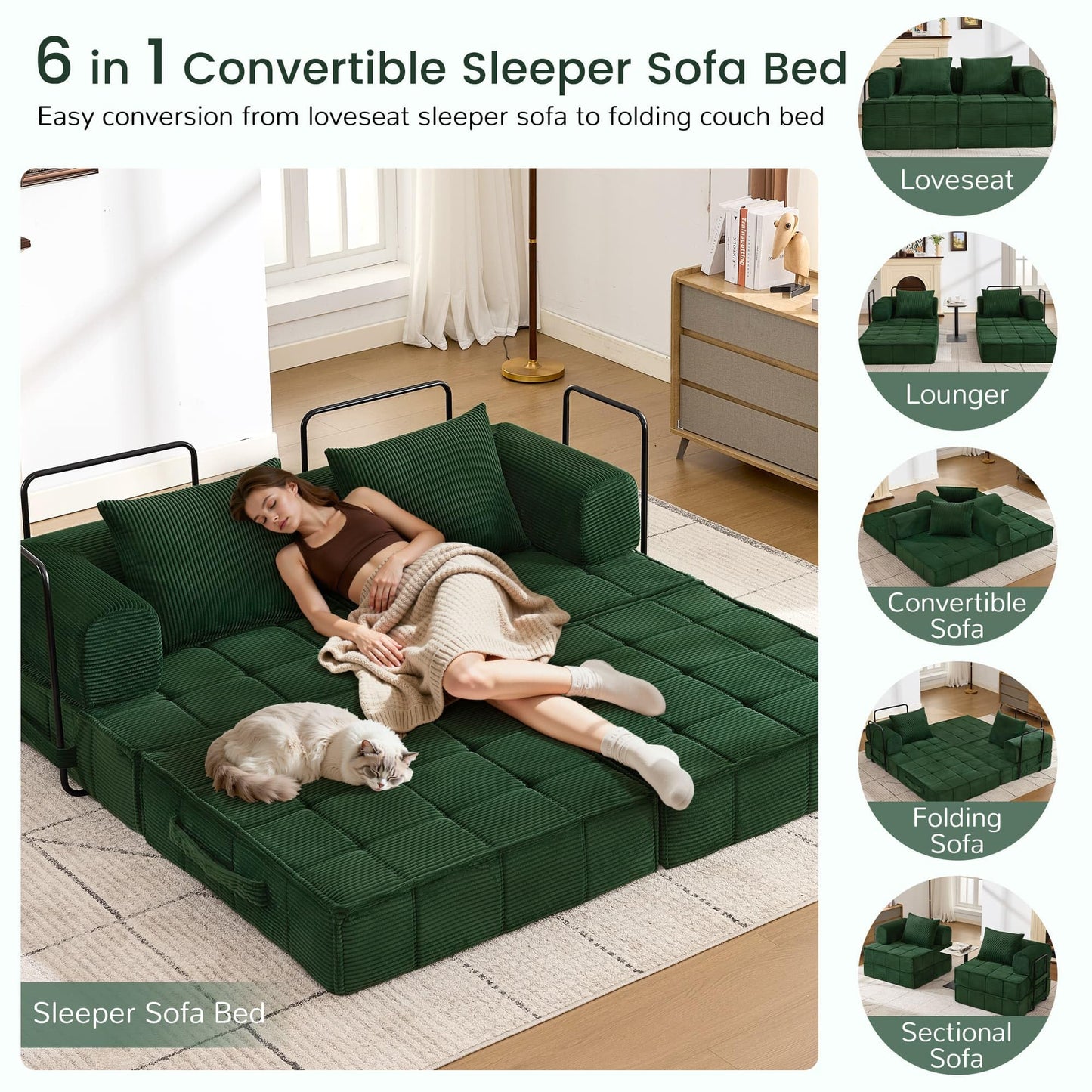 Korser 6-in-1 Convertible Sleeper Sofa Bed, Corduroy Folding Mattress Couch with Fixed-Shape Frame, Modular Foldable Boneless Couch, Loveseat Couches with 2 Pillows, for Living Room, Bedroom, Green