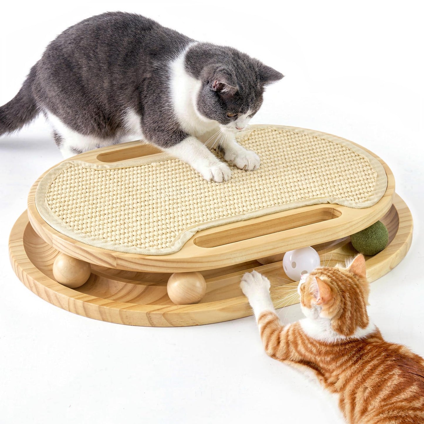 ZOMISIA Cat Scratcher with Ball Track Toy, Sisal Scratch Pad for Indoor Adult Cats, Wooden Interactive Cat Puzzle Toys for Kitten Mental Stimulation Self Play Home Enrichment