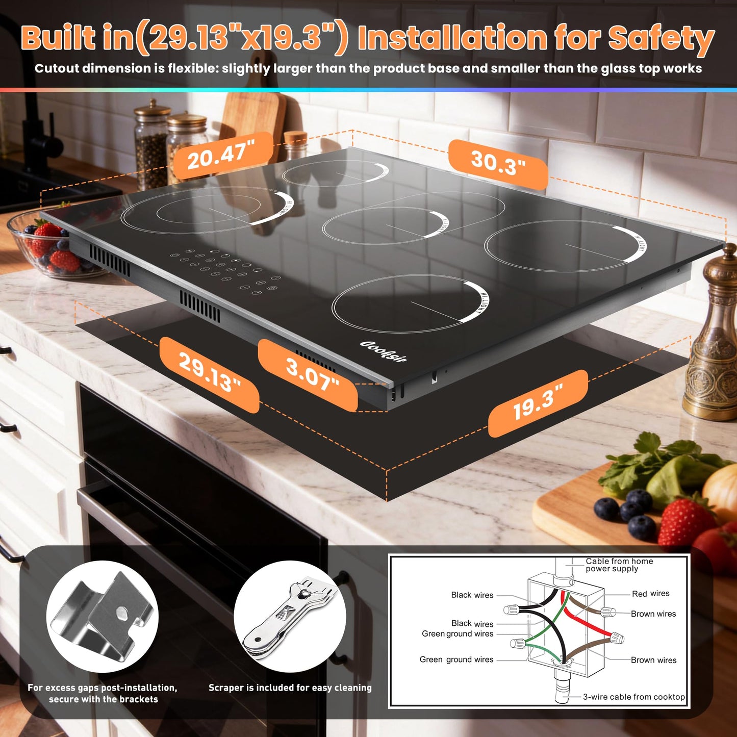 Cooksir Electric Cooktop 30 Inch - 5 Burner Electric Stove Built-in(29.13"x19.3") 8400W High Power, 30 In Ceramic Stove Touch Control with Timer, Safety Lock, Glass Metal Frame, 220-240V Hard Wired