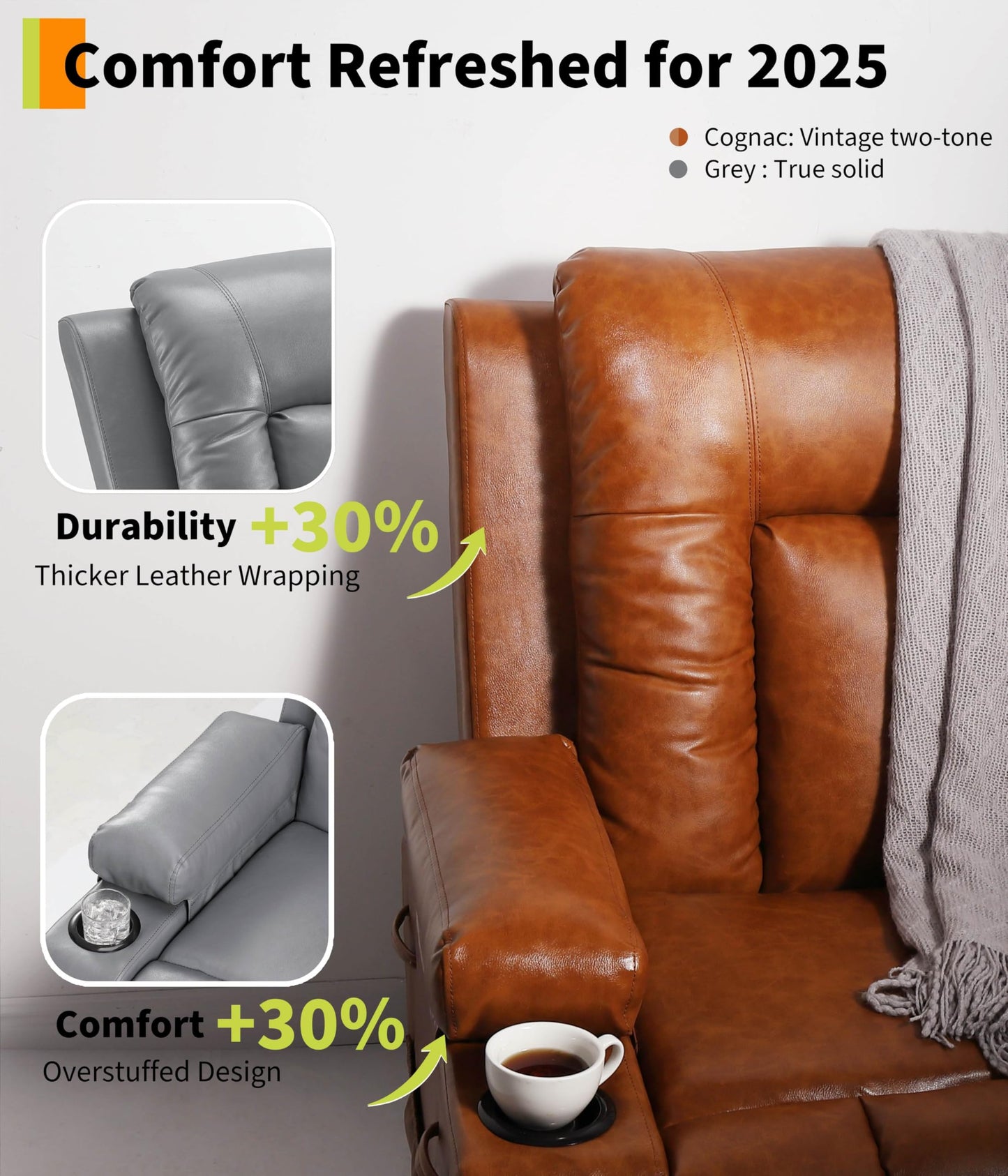 GarveeHome Power Recliner Chair - Heat and Massage, Adjustable Electric Recliner Ergonomic PU Leather Single Sofa, Tall Back, Padded Seat, Lazy Chair for Living Room
