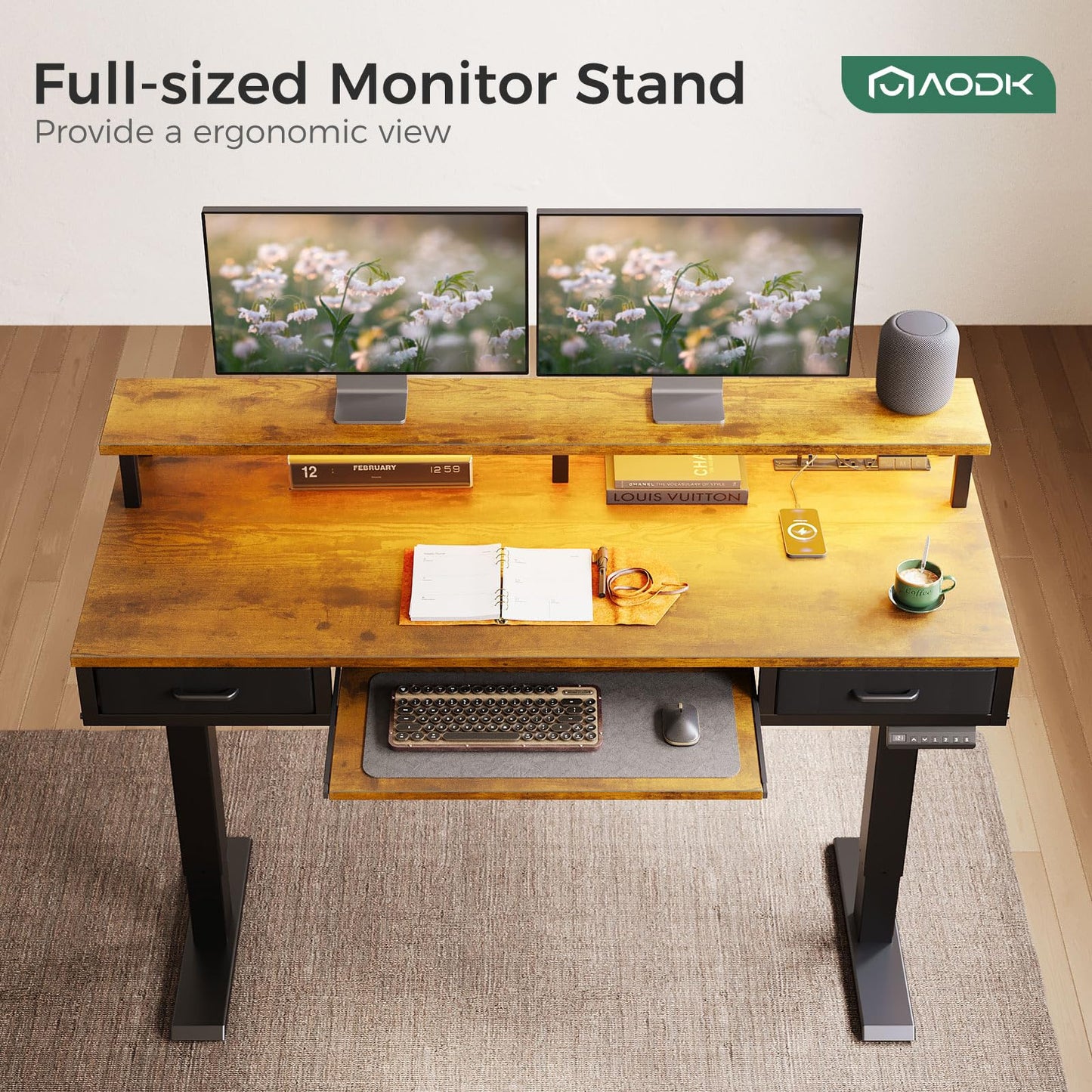 AODK Electric Standing Desk with Drawers & Keyboard Tray, 55 Inch Height Adjustable Gaming Desk with Power Outlets & LED Lights, Sit Stand Table with Monitor Stand for Home, Office, Rustic Brown