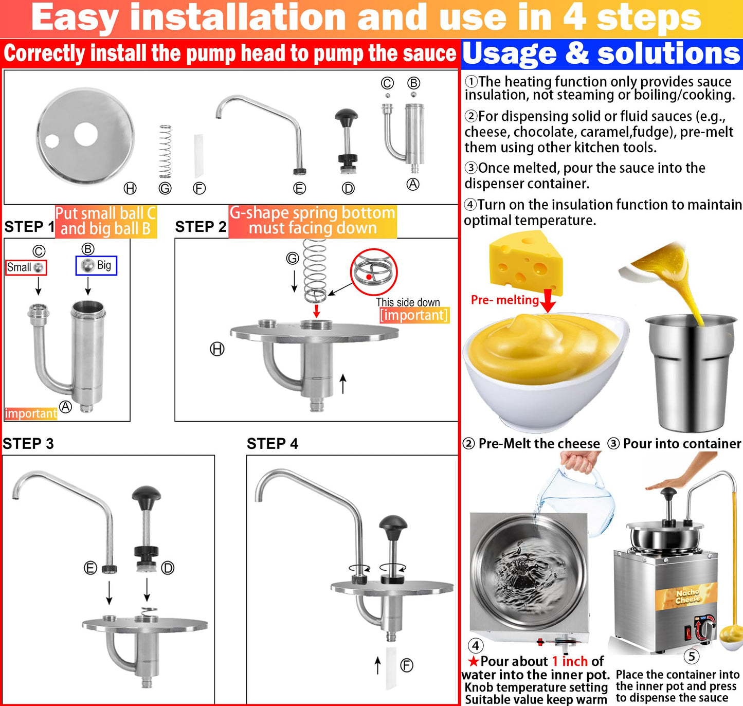 Nacho Cheese Dispenser with Stainless Steel Pump, 4.3 QT Sauce Warmer, 86-194℉ 6 Temperature Levels Adjustable Heater, Commercial Hot Fudge Chocolate, Hot Chili, Caramel, Peanut Butter Electric Warmer
