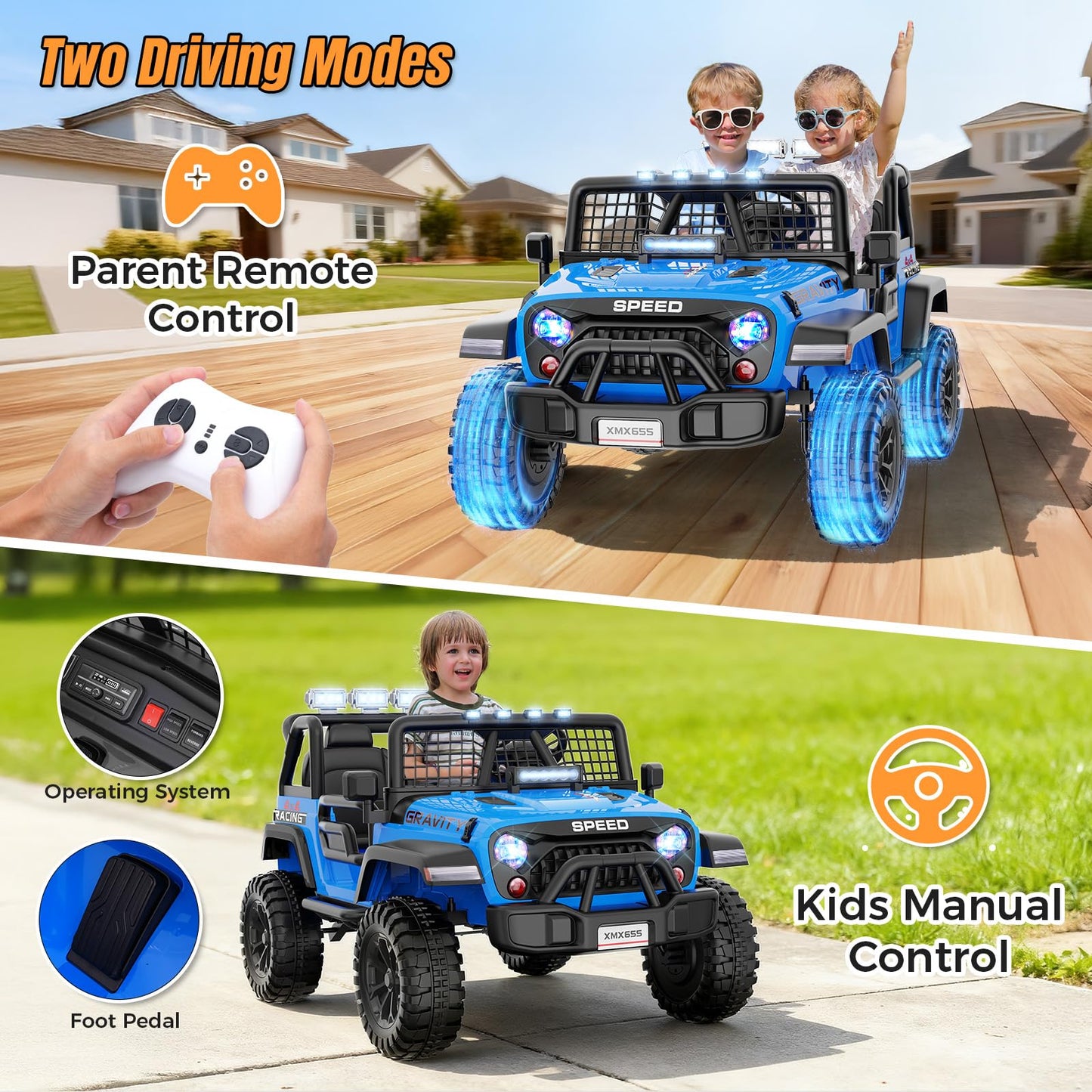 Hikole 24V 2 Seater Ride On Car for Kids with Remote Control, 4X4 400W XL Power Truck Wheels with 20" Wide Seat, Soft Start, 3 Speeds, Music, Bluetooth, 24 Volt Ride On Toys for Girls Boys 3-8, Blue