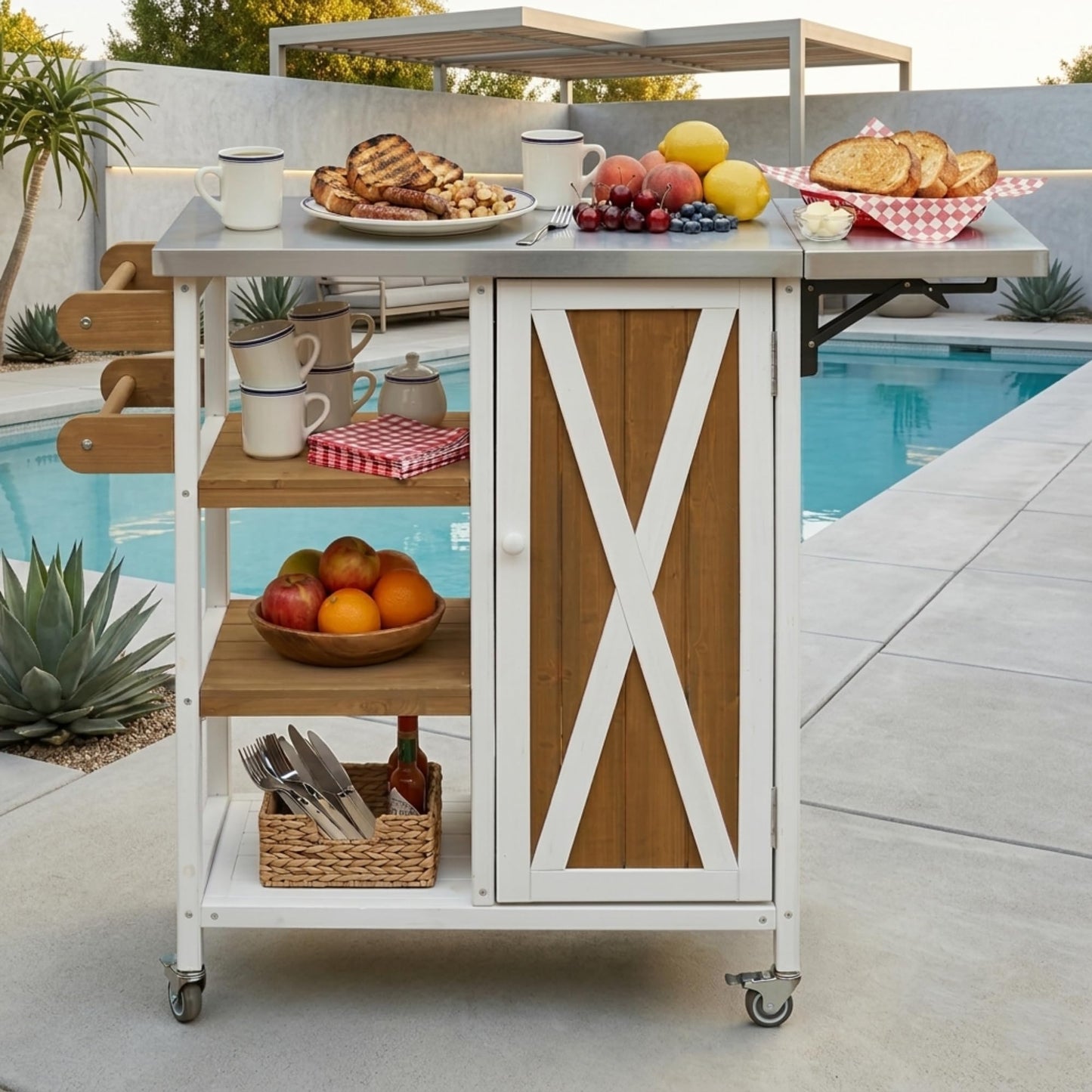 Casaphoria Outdoor Grill Cart with Folding Stainless Steel Tabletop,40" x 15" Rolling BBQ Prep Station & Kitchen Island, Wood Garden Table with Storage Cabinet and Towel Rack,White