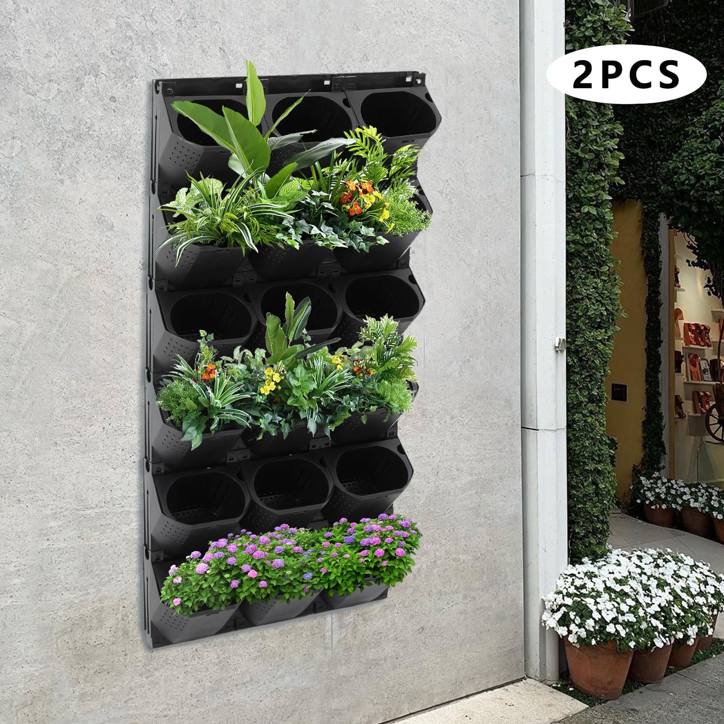 Okasiki 36-Pot Vertical Wall Planter, Self-Watering Stackable Planters for Indoor & Outdoor Use, Perfect for Herbs, Flowers & Vegetables (Black)