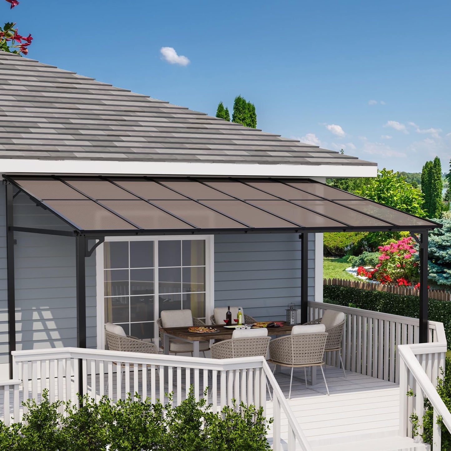 10x14 FT Heavy Duty Wall Mounted Gazebo Pergola,All-Weather Lean to Gazebo with 6mm Anti-UV Polycarbonate Roof & Pre-Drilled Post Bases,Metal Frame Awning,Hard Top Gazebos for Outdoor Deck & Backyard