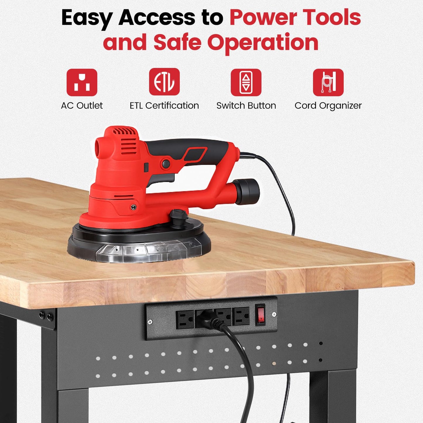 ENJOYWOOD Workbench for Garage with Wheels 60 x 22 Inch Heavy Duty Rubberwood Tabletop Work Table with Under Table Shelf, Pegboard, Power Outlets for Woodworking Shop Home Office