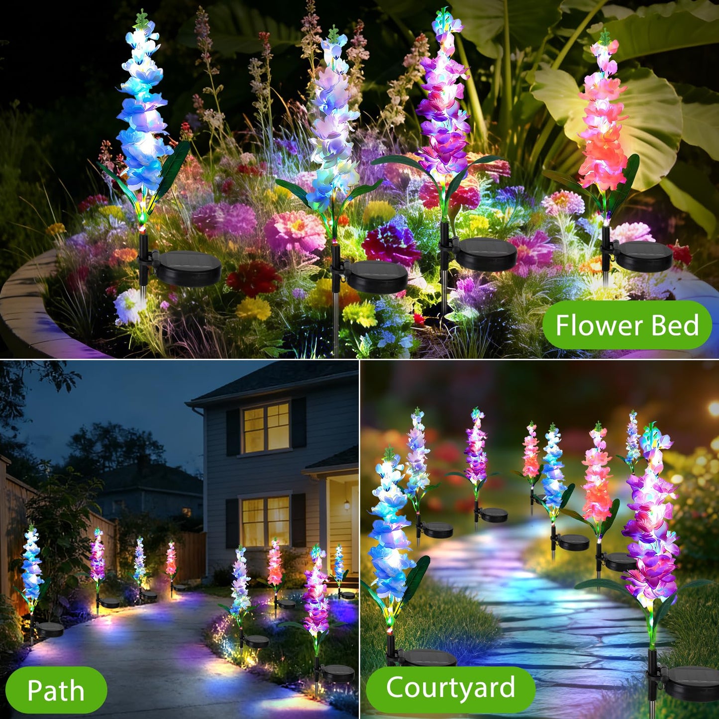 4 Pack Color Changing Solar Lights Outdoor Waterproof, Solar Delphinium Flower Stake Lights Auto ON/Off Solar Garden Lights for Spring Lawn Pathway Landscape Birthday Gifts for Mom Women Grandma