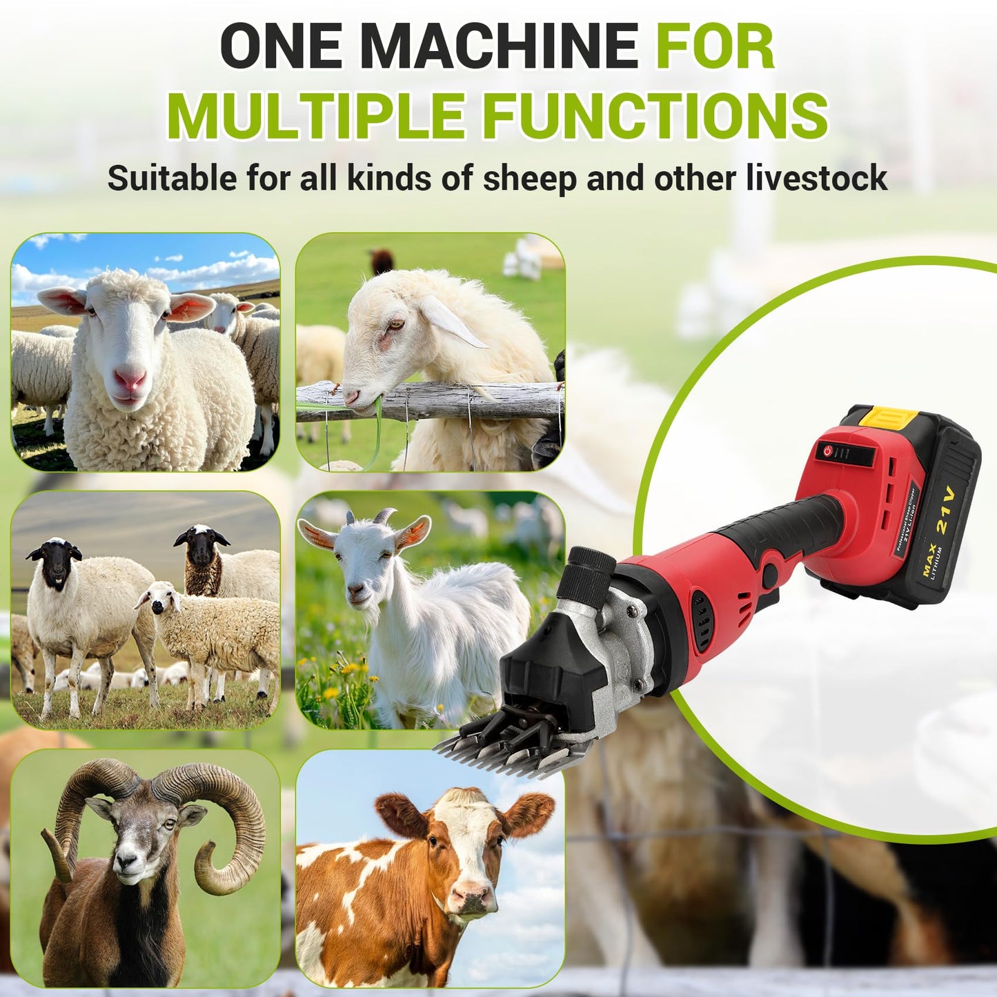 Mokemok Cordless Electric Sheep Shears - 3000mAh Brushless Motor 2000RPM, 6-Speed Adjustable Clippers for Goats, Heavy Duty Rechargeable Grooming Tool with High Hardness Blade & Safety Pressing Claw