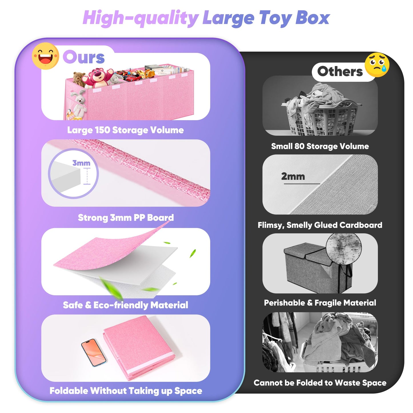 Mabahoo Extra Large Toy Box, Toybox for Kids Boys Girls, Collapsible Sturdy Toy Storage Organizer with Mesh Pockets, 40"x14"x16" Kids Storage Boxes Bins Baskets for Nursery, Playroom, Pink