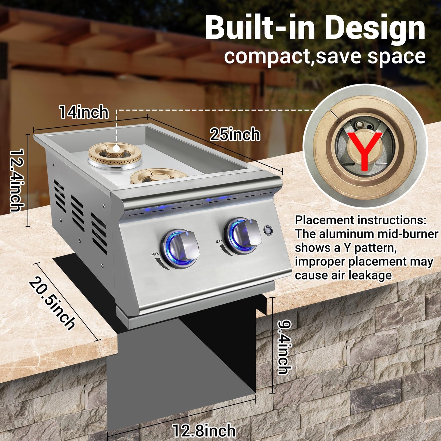 Livory Double Grilling Side Burners for Outdoor Kitchen, 2 * 17,000BTU Nature Gas Burners, Convertible to Liquid Propane, Duty Heavy 304 Stainless Steel, Built-in Side Burner for BBQ Island Grill