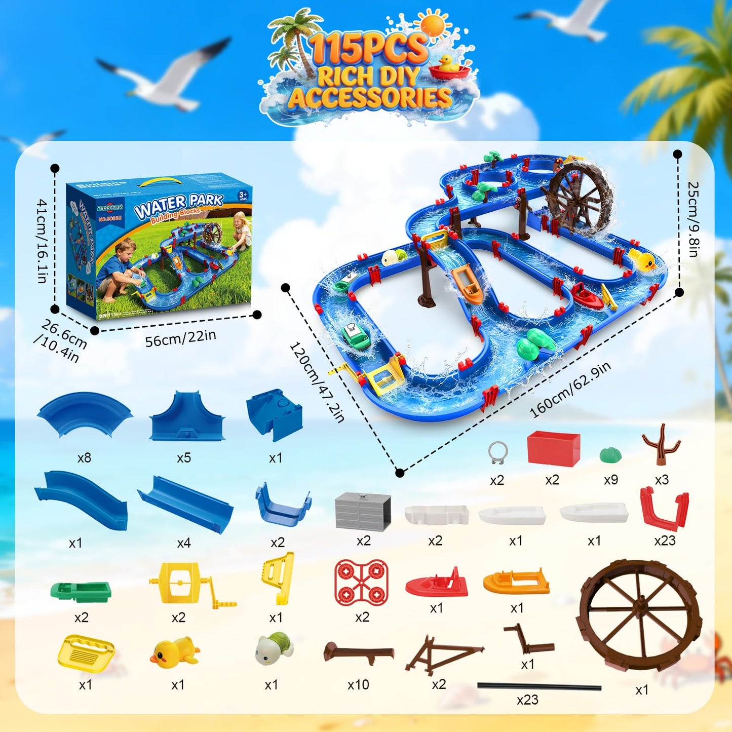 TERRAMUS 2-Tier Water Table Toys with Watermill for Kids, Upgraded Large 115PCS Water Park Playset, Summer Toys DIY Waterways for Backyard Beach Pool Lawn,Outdoor Toy for 3-5 4-8, Gifts for Boys Girls