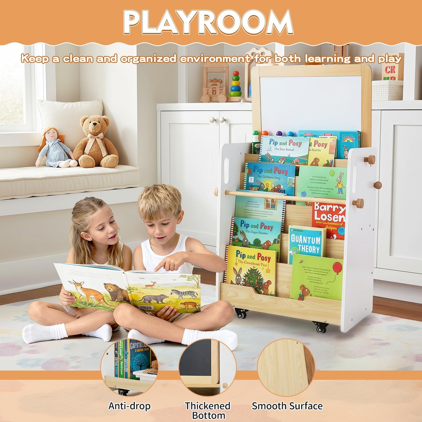 Kids Bookshelf & Easel & Toys Storage Organizer with Wheels, 3-in-1 Wooden Art Easels with Chalkboard & Whiteboard for Toddlers, 5-Tier Montessori Book Shelf for Kids Rooms, Bedroom, Nursery, Playroom