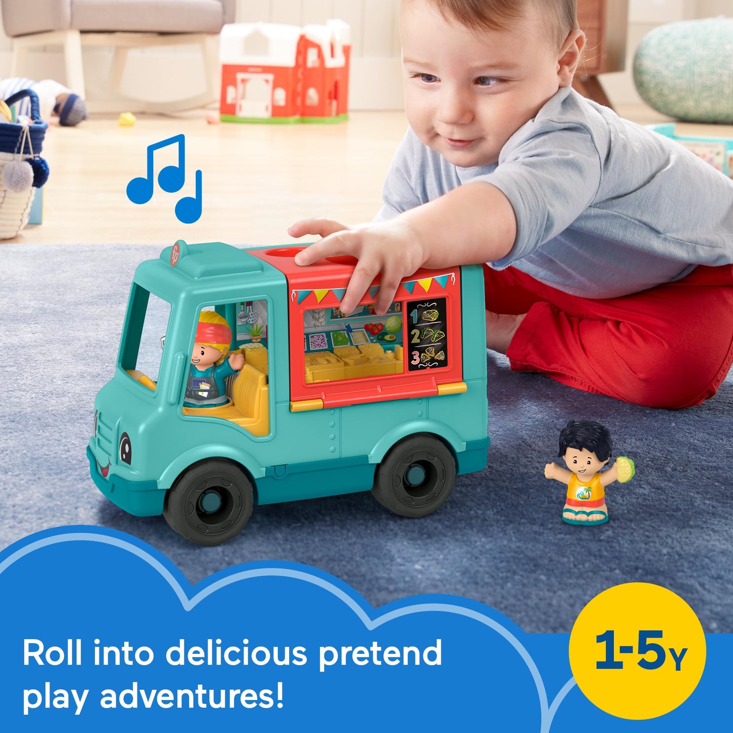Fisher-Price Little People Musical Toddler Toy Serve It Up Food Truck Vehicle with 2 Figures for Pretend Play Kids Ages 1+ Years