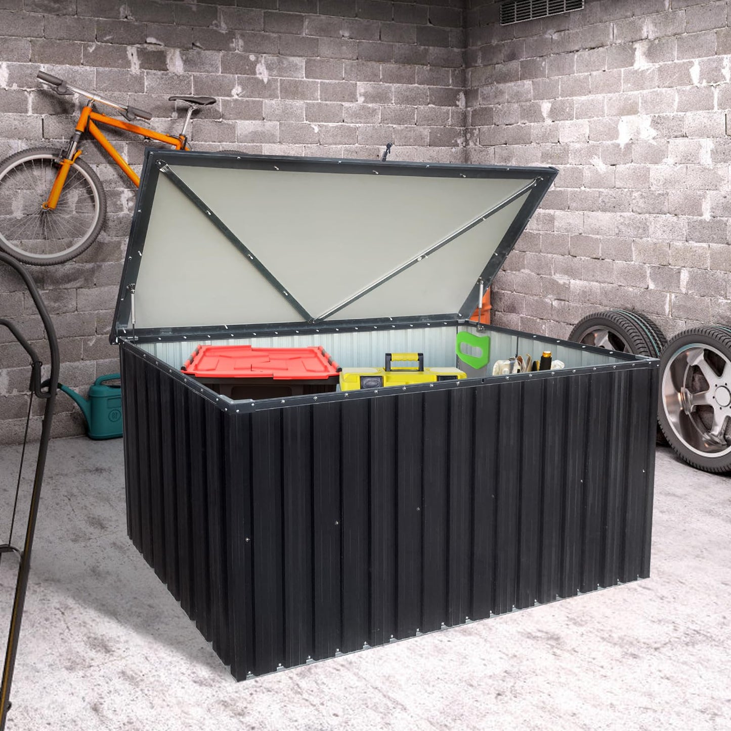 Fulvari 215 Gallon Outdoor Deck Box,Waterproof Lockable Metal Storage Container for Patio Cushions Gardening Tools and Pool Toys black One size