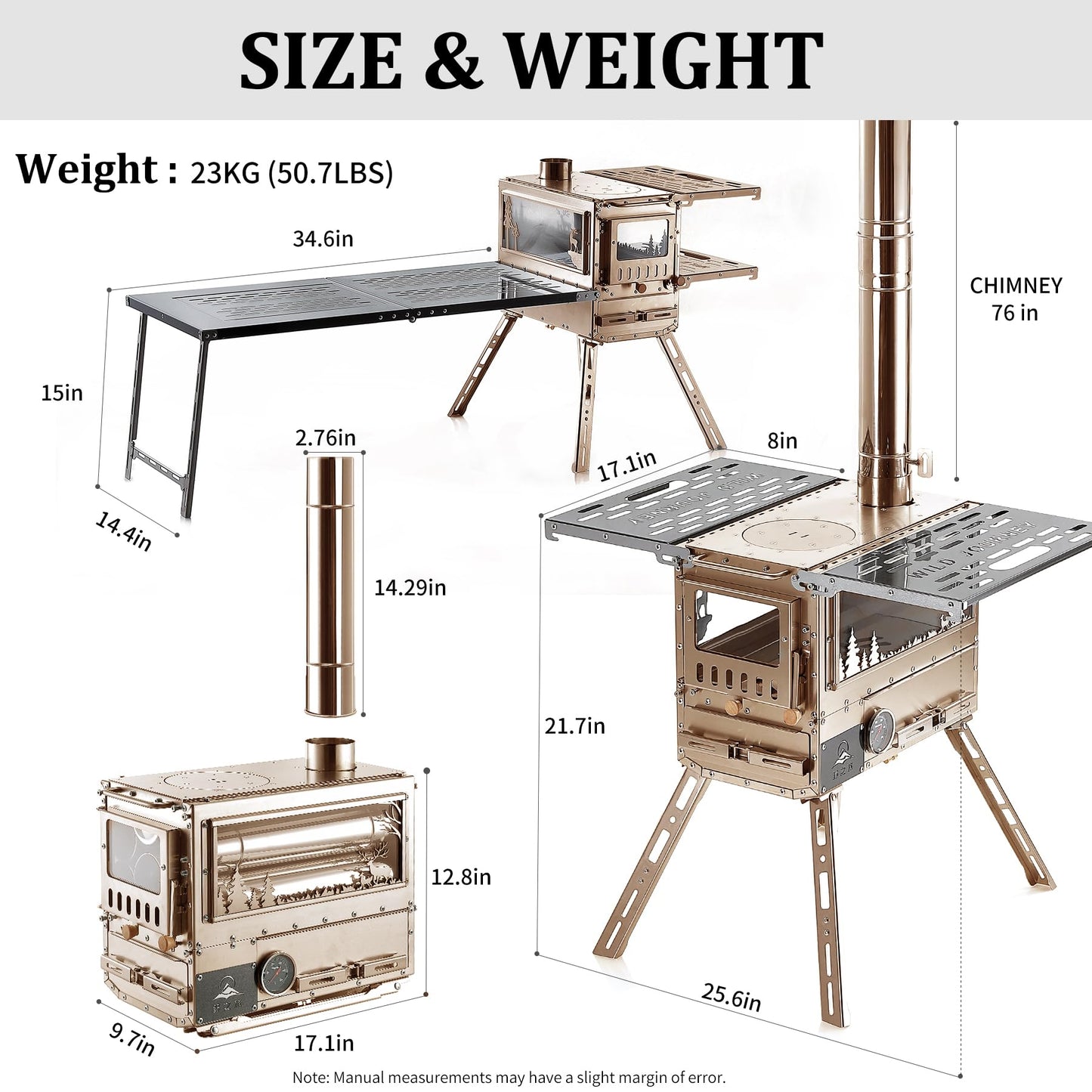 M6 Wood Burning Stove with Oven, 2100 Cu In Large Firebox & 3 Air Inlets, Stainless Steel Camp Stove with Foldable IGT Table, Ash Drawer & 6 Chimney Pipes for Outdoor Cooking, Camping