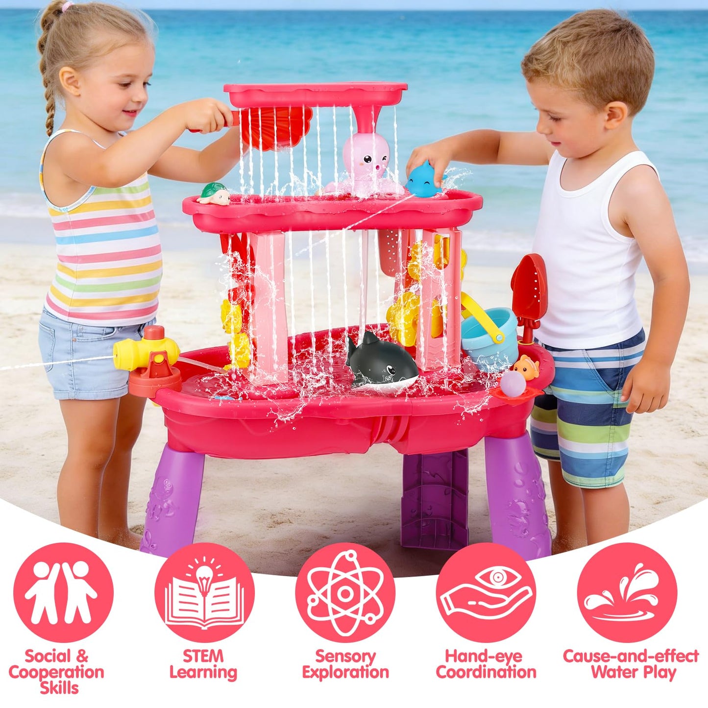 2026 Water Table for Toddlers 1-3 3-5 with Pump, 3-Tier Outdoor Sand Water Play Table Toys for Kids Ages 4-8 Outside Activity Sensory Summer Beach Pool Backyard Splash Pond Toys for Boys Girls Gifts