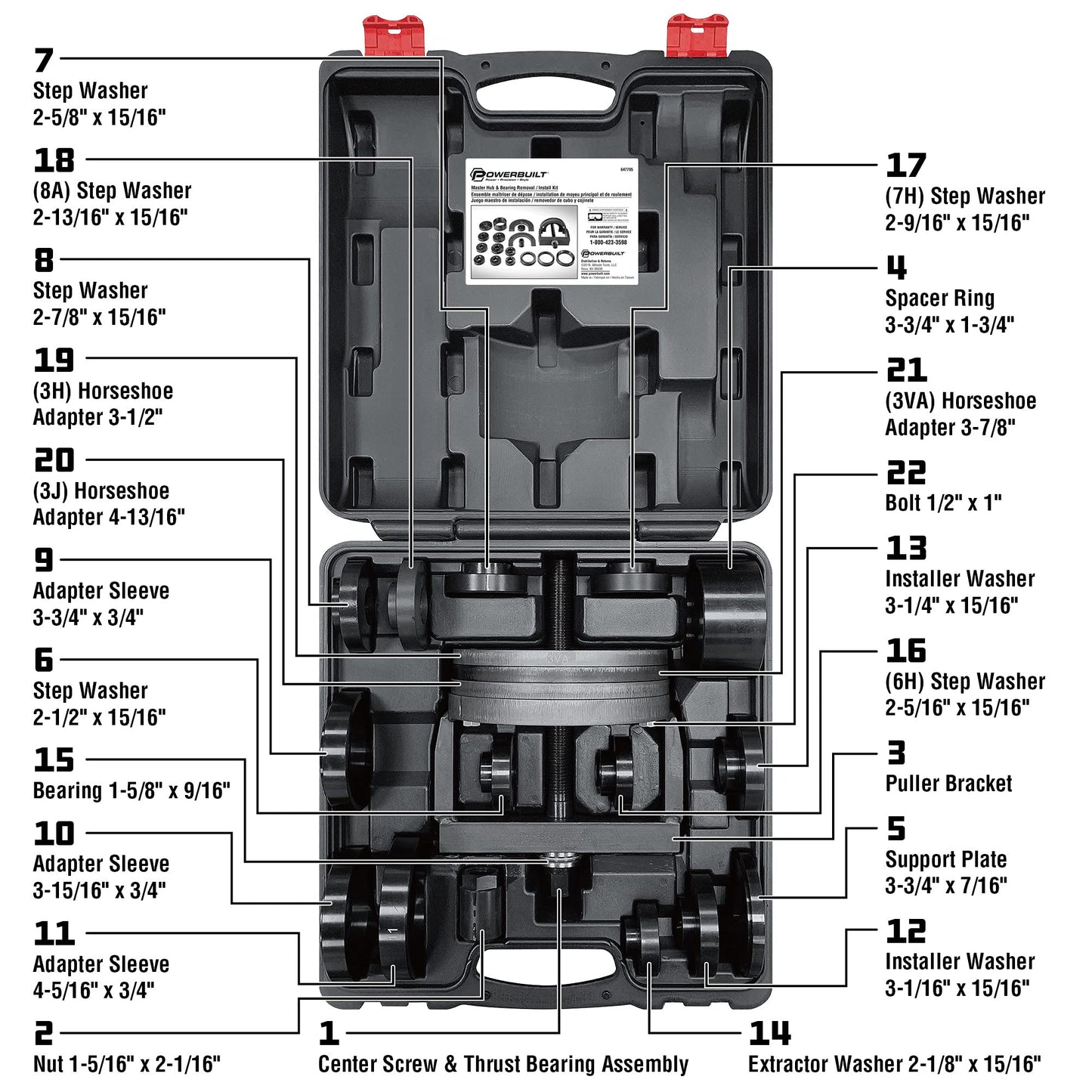 Powerbuilt 22 Pc. Master Hub and Wheel Bearing Removal and Installation Kit Self Centering Design Fits Most Front, Rear and All Wheel Drive Vehicles, Provides Easy Bearing Swaps With No Press Required