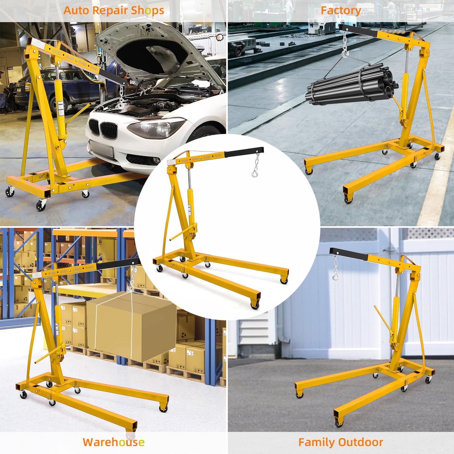 2 Ton Engine Hoist, Hydraulic Cherry Picker Engine Crane, Heavy Duty Folding Shop Crane with 6 Casters, Engine Lift for Garage, Workshop, Yellow