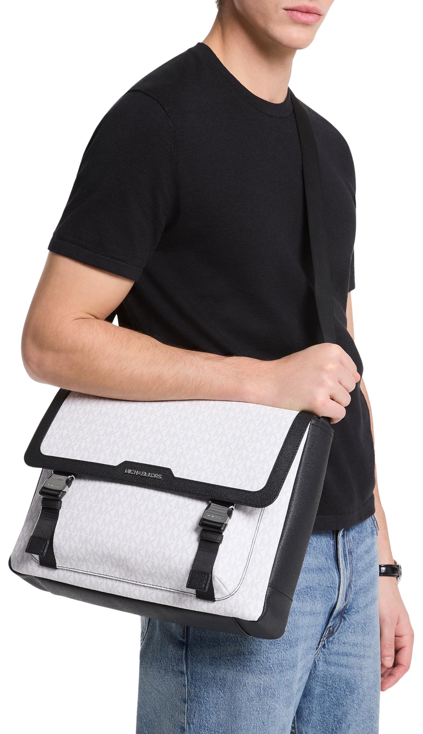 Michael Kors Malone Signature Logo Cargo Messenger Bag, Light Gunmetal/Bright White