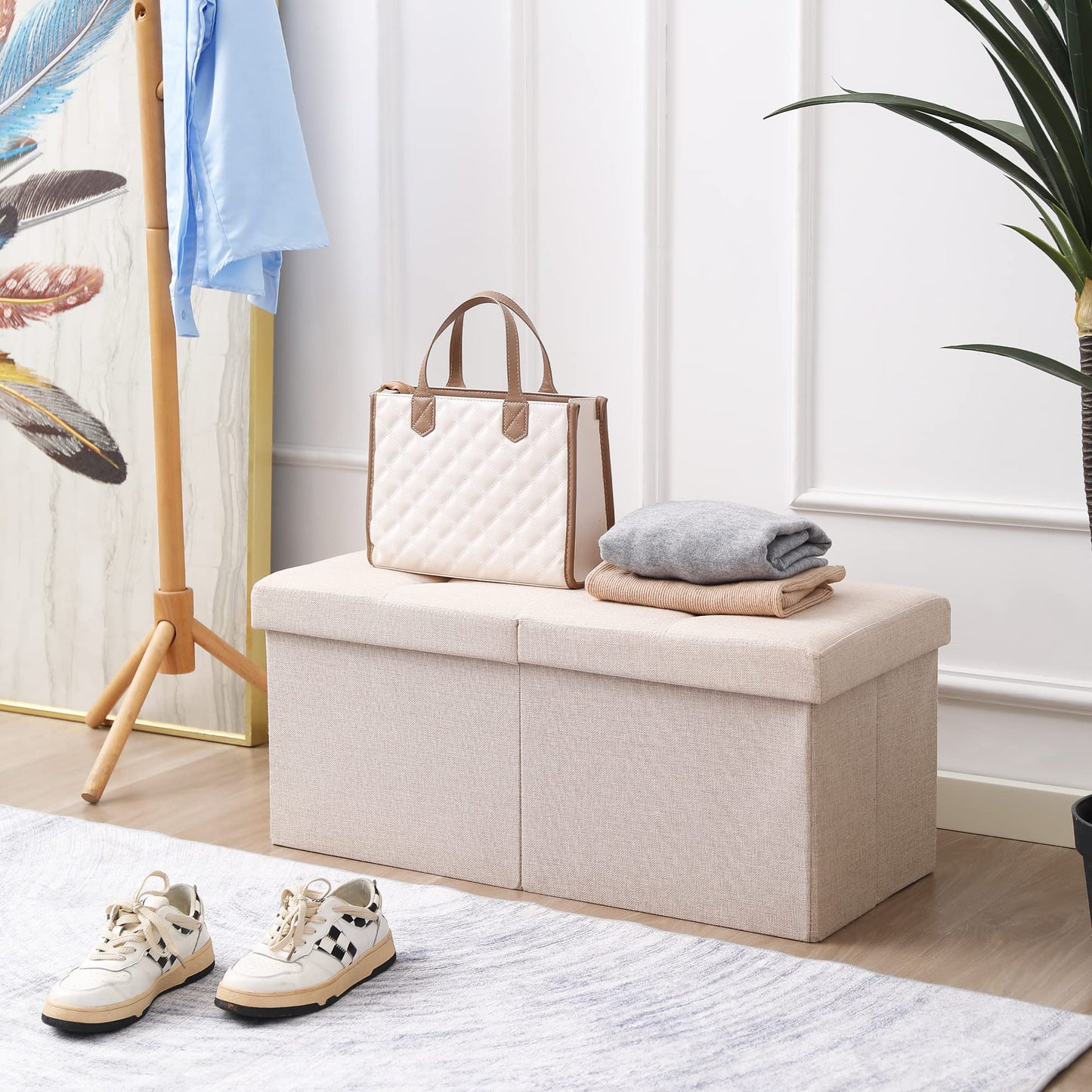 CUYOCA Storage Ottoman Bench Foldable Seat Footrest End of Bed Ottoman with Flipping Lid for Living Room, 75L, 30 inches Linen Fabric Beige