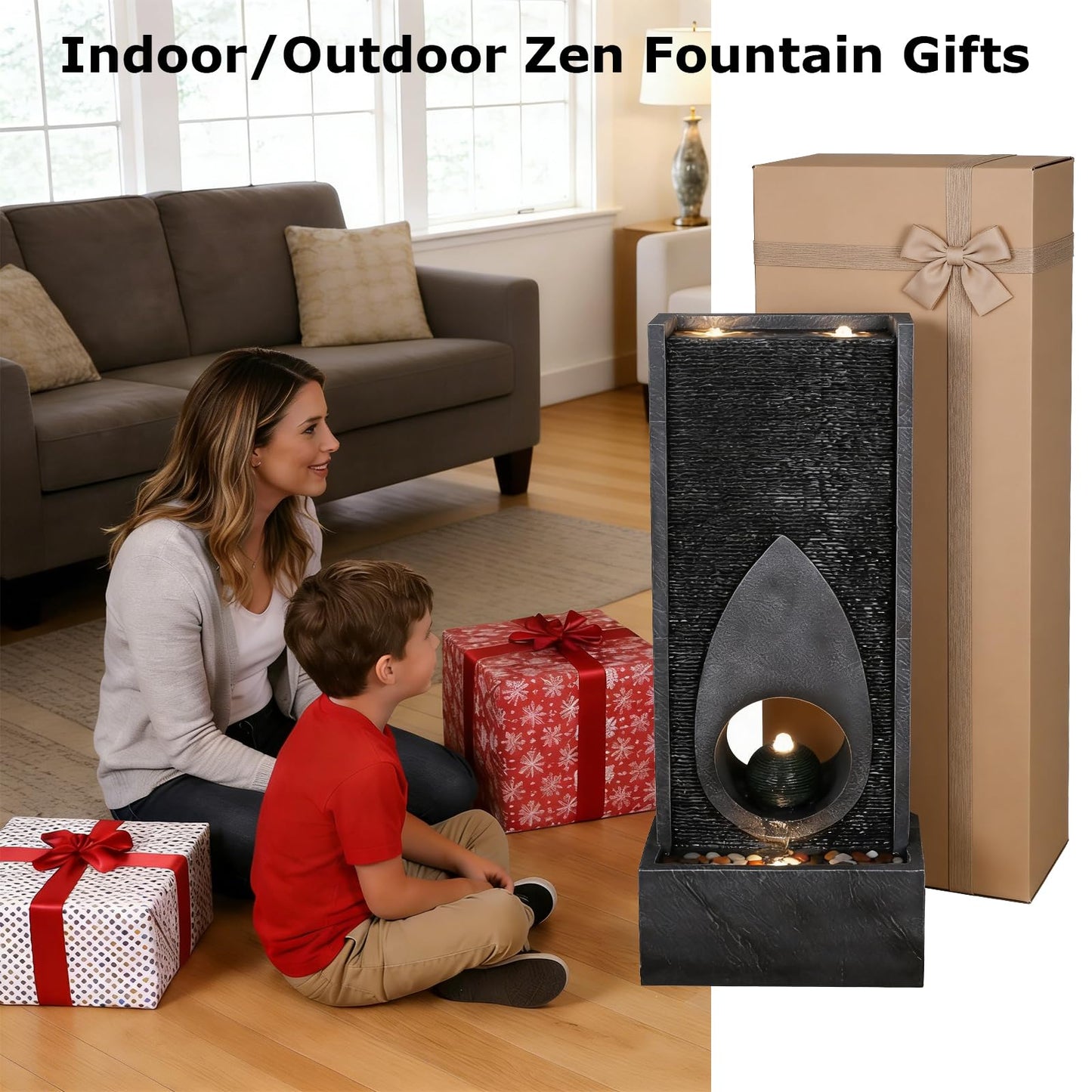 Pivotify 46.5’’Tall Modern Water Fountain Indoor Outdoor Waterfall Feature Floor Standing with Sphere and LED Lights for Garden, Yard, Patio, Deck, Porch, Livingroom Decor