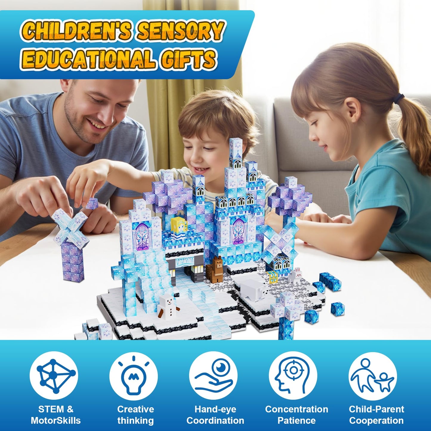 Fitrobust 200 Pack Magnetic Blocks for Kids, STEM Construction Toys with Forest Theme | Creative Educational Games for Ages 3, 4, 5, 6, 7, 8, 9, 10 | Ideal Birthday for Boys & Girls (ICE, Count, 200)