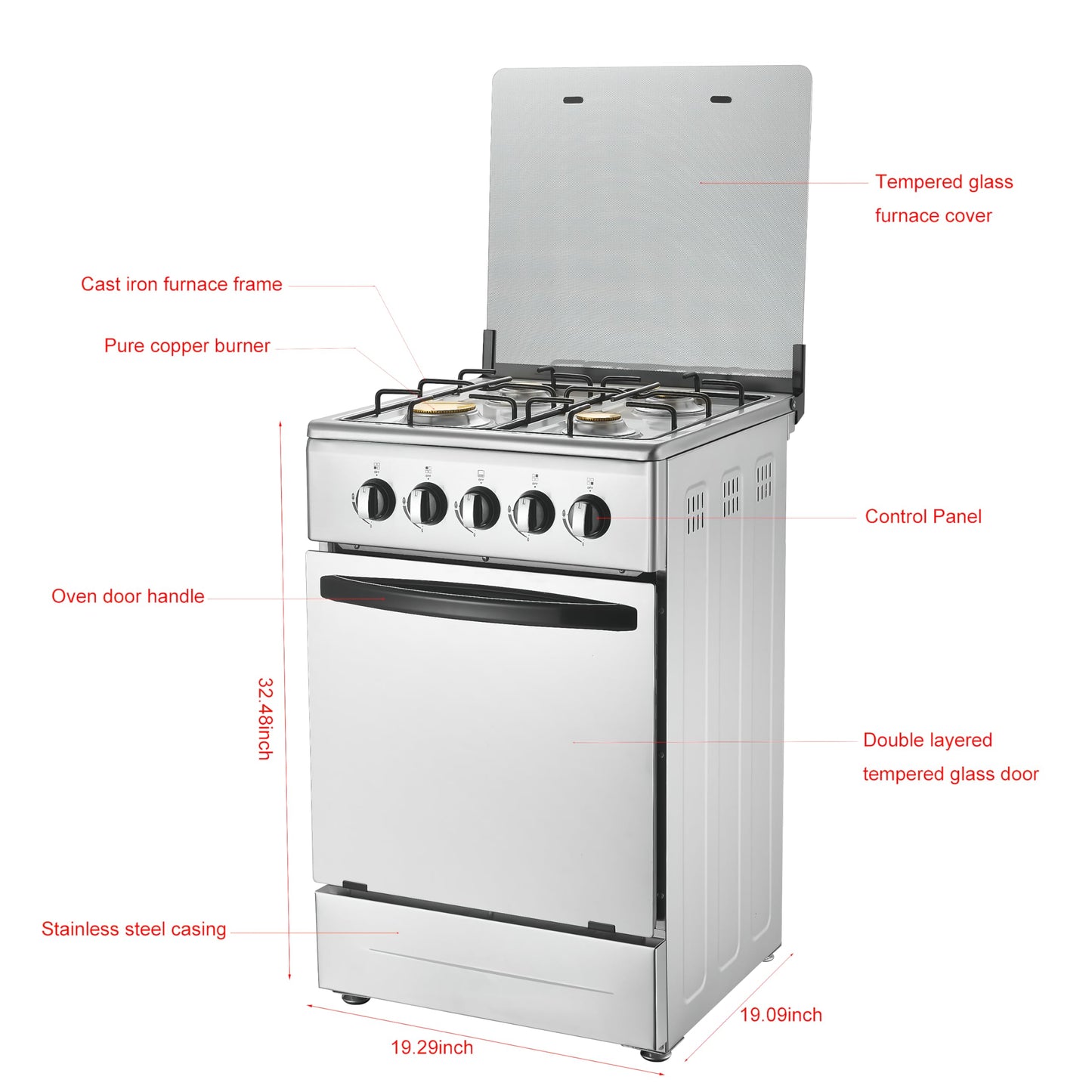 20-Inch Gas Range with 4 Burners, 68L Rotary Baking Oven, Stainless Steel Body, Double Layer Tempered Glass Door (NG-LPG Conversion Kit)