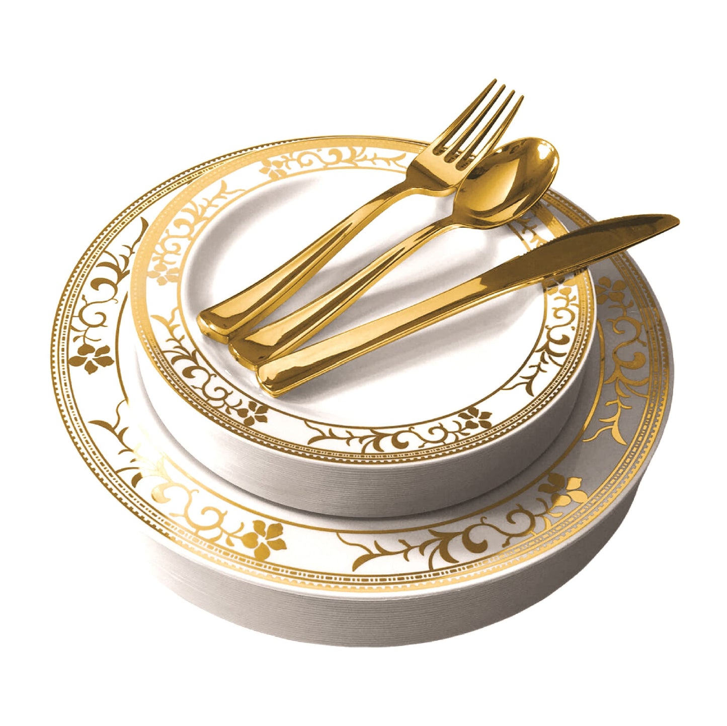 125-Piece White and Gold Floral Fancy Plastic Plates Disposable with Silverware, Elegant Dinnerware for Weddings, Holiday Party China, Set of 25 Dinner + Salad Plates, 25 Spoons, 25 Forks, 25 Knives