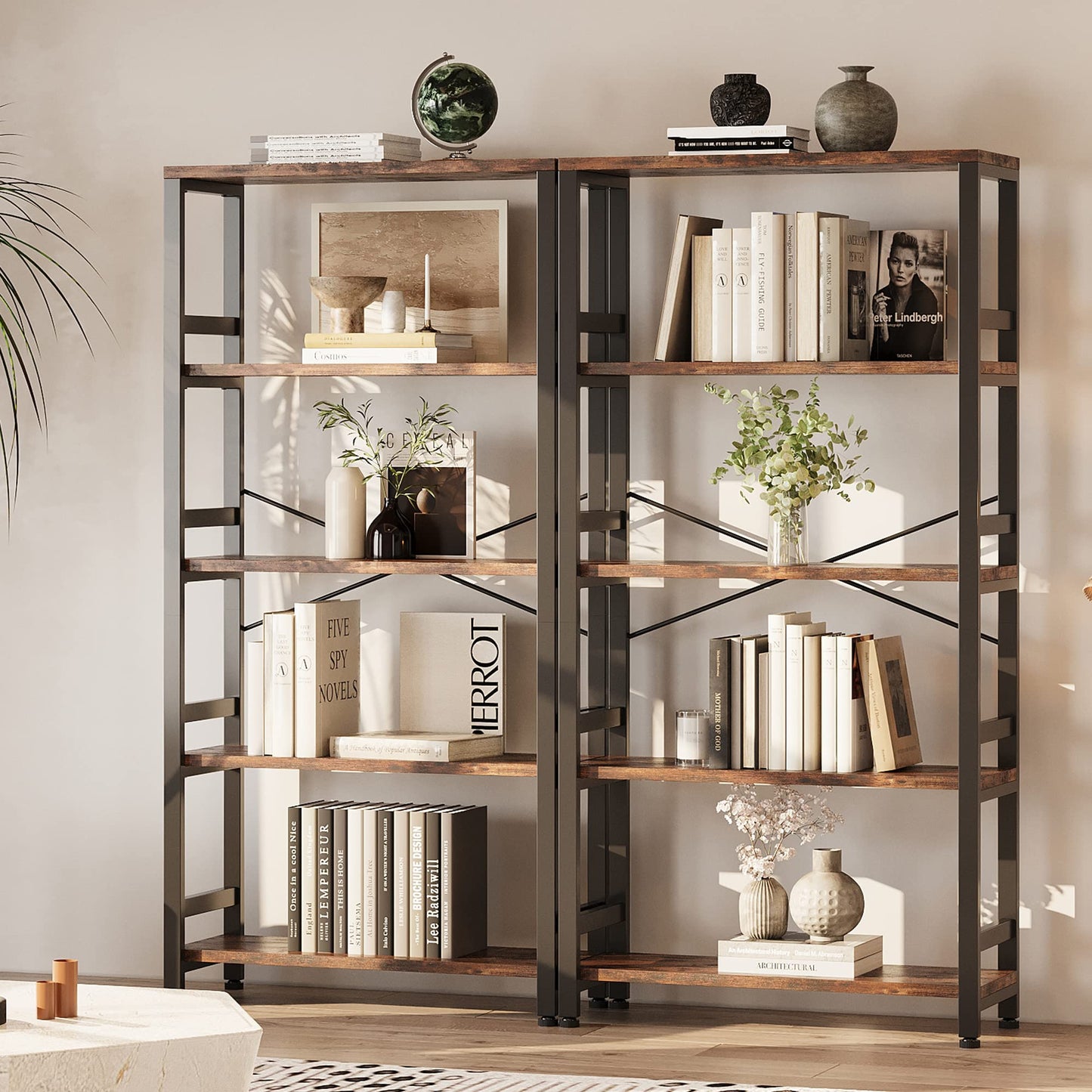 IRONCK Bookshelves and Bookcases, 31.5in Wide Shelf 5-Tier Ladder Shelf 110lbs/shelf Vintage Industrial Style Bookcase for Bedroom Living Room Home, Vintage Brown