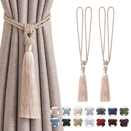 NICEEC 2 Pack Long Tassel Curtain Tiebacks Handmade Braided Rope Knot Drape Tie Backs European Style Decorative Curtain Holdbacks for Home & Office Window Drapery (Dark Beige)