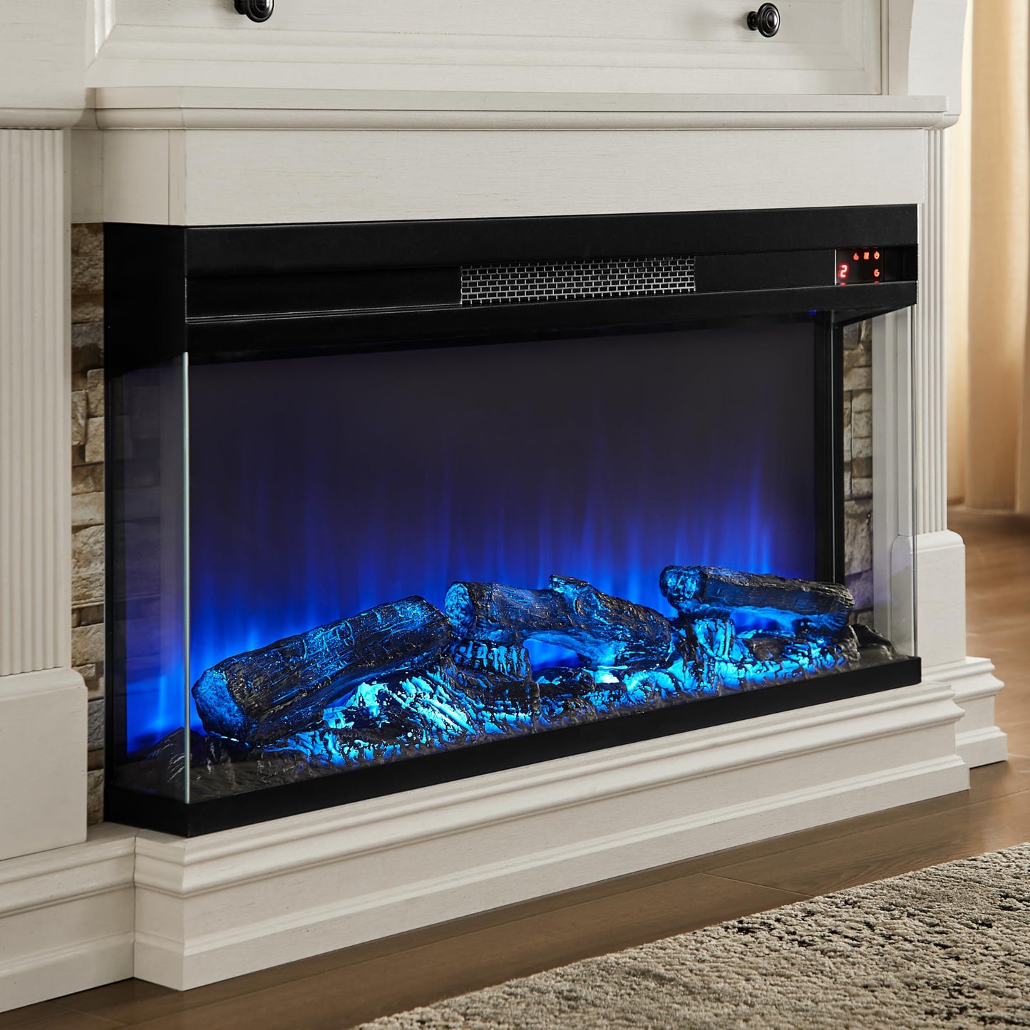 OKD 52 Inch Electric Fireplace with Mantel, Fireplace TV Stand with 36" 3-Sided Glass Electric Fireplace Heater for Living Room (Antique White)