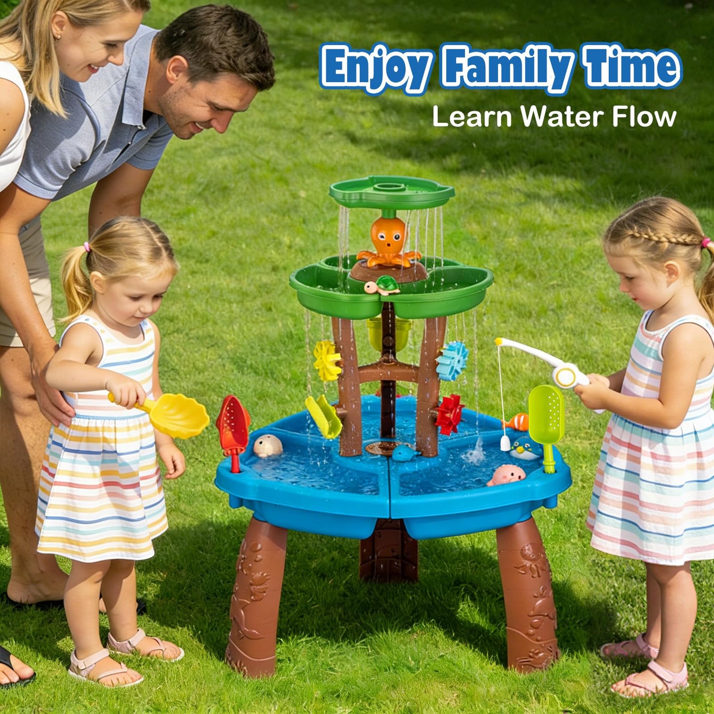 VROGTIK Water Table for Toddlers with Fishing Game Set 3-Tier Kids Sand Water Table Sensory Outdoor Toys for Kids Ages 4-8 Summer Beach Outside Toys Backyard for Kids Toddlers Age 3 4 5 6 7 8 9 10