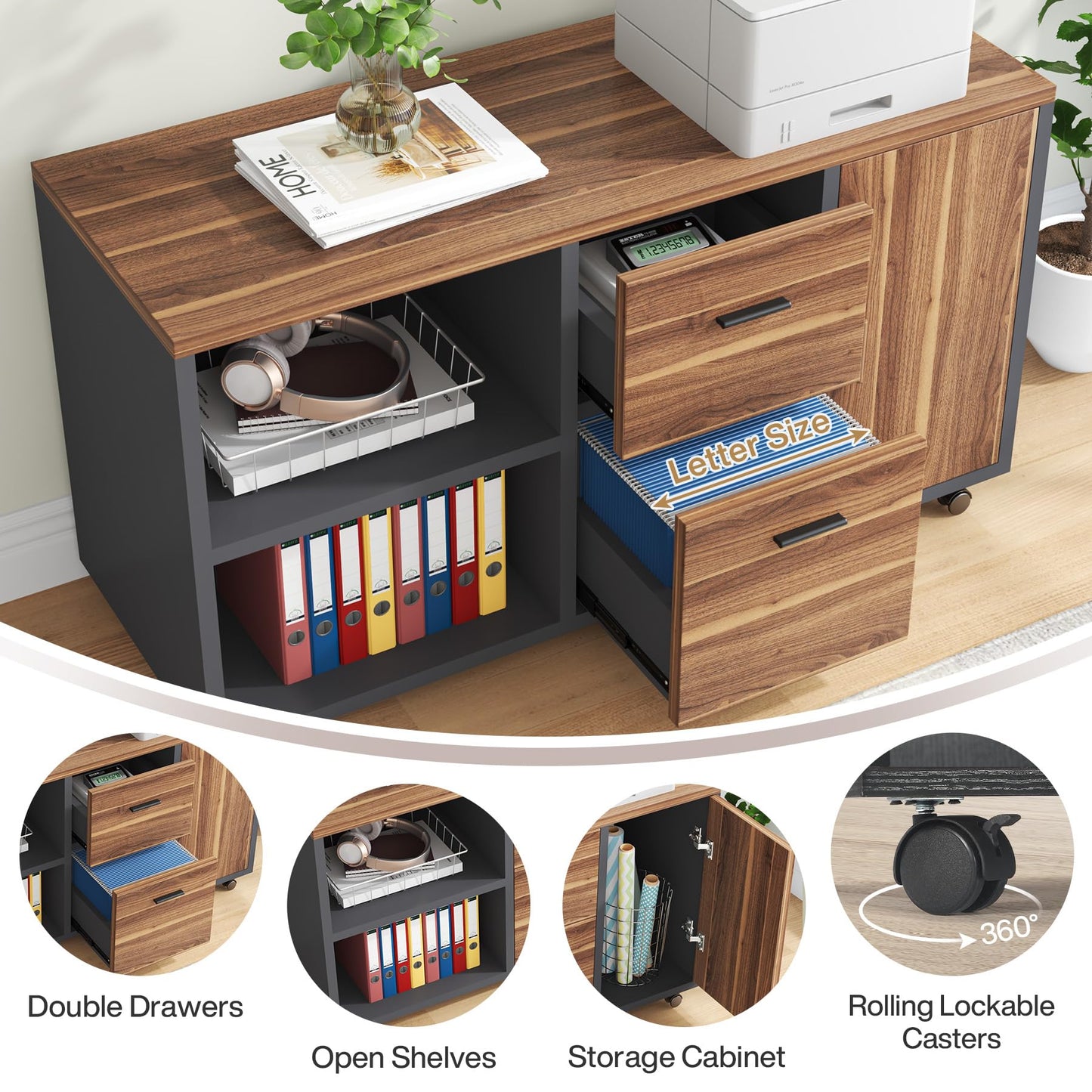 Tribesigns 71 inch Executive Desk, L Shaped Desk with Mobile File Cabinet, Executive Office Table with 2 Drawers and Storage Shelves, Business Furniture Workstation for Home Office, Walnut and Black