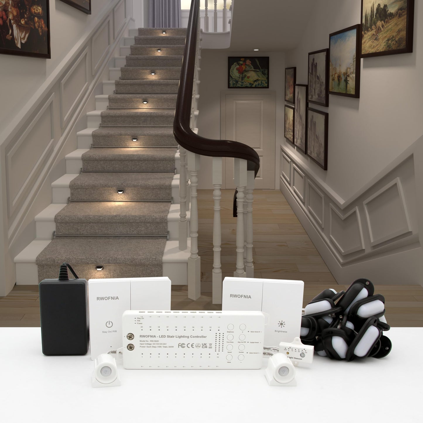 RWOFNIA Motion-Activated LED Stair Lighting Kit RW-5620-B, Warm White 2700K Mini LED Light Bulbs Suilt For Indoor Carpeted Or Wooden Staircase (8 Bulbs)