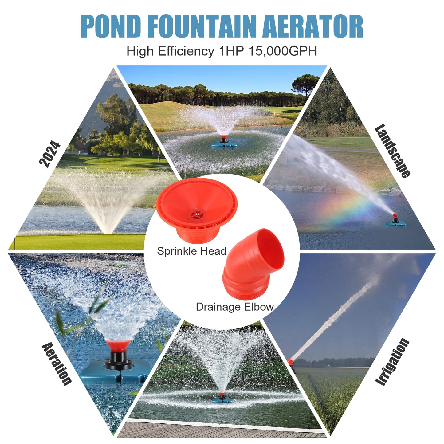 Goldlife Pond Fountain Aerator, F1-4 1HP 750W 110V PowerfuI Floating Pond Fountain Pump With 100 FT Power Cord, Outdoor Pond Aerating Fountains Cascade Pump for Small Large Ponds Lake Pond Jet System