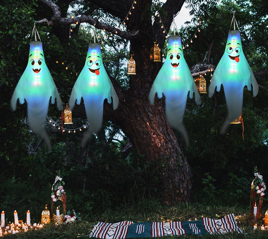Halloween Decorations Outdoor: 2 Pcs Cute Hanging Ghosts for Tree, Porch, Garden, Yard - Waterproof Colorful LED Ghost Decor with Timer