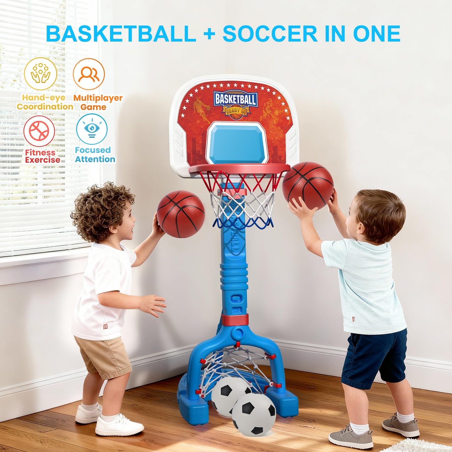 LPFG Toddler Basketball Hoop Indoor, Adjustable Kids Basketball Hoop and Soccer Goal for Ages 1-3 3-5, Portable Mini Basketball Hoop Set with 4 Balls for Boys Girls Child Indoor Outdoor Poolside