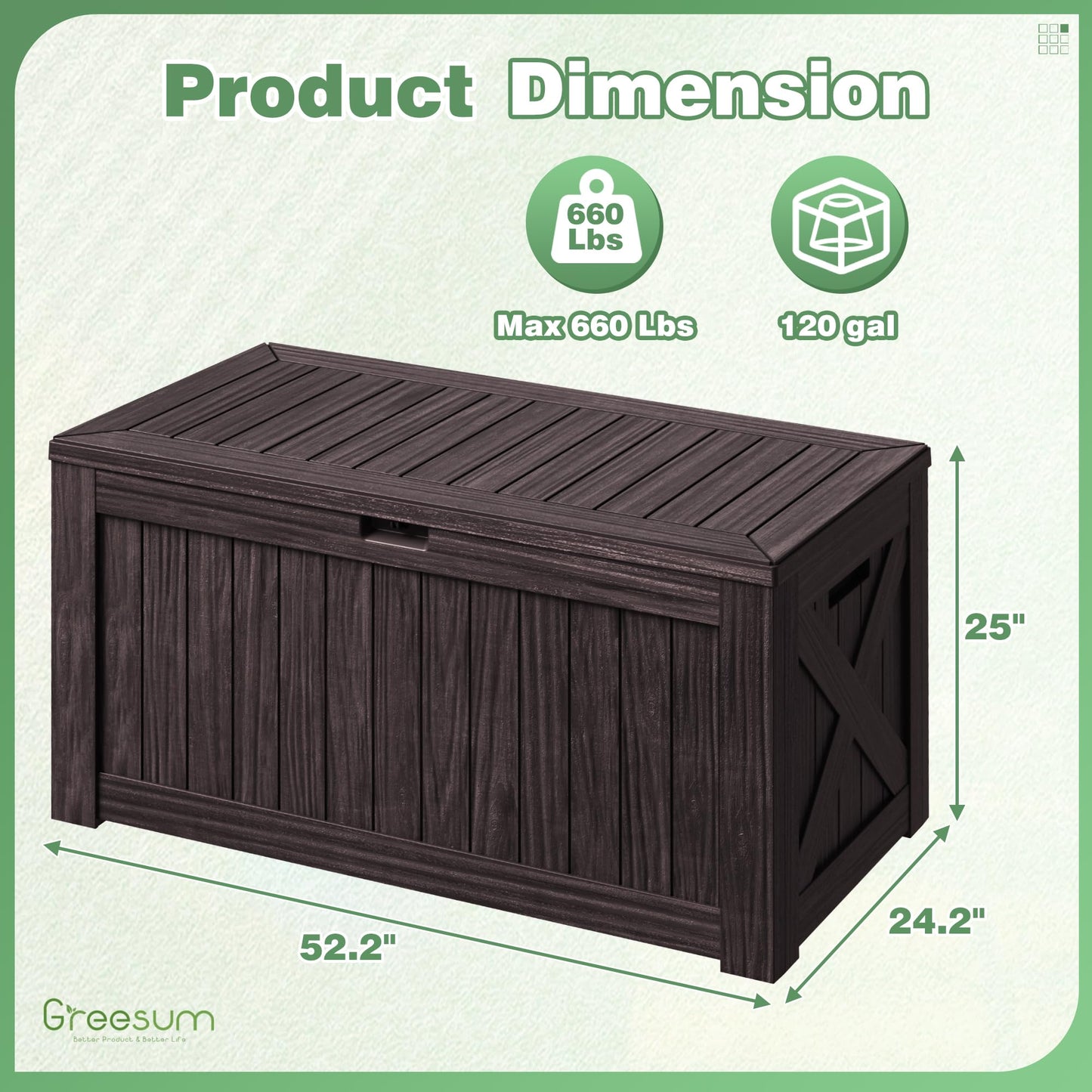 Greesum Outdoor Storage Box 120 Gallon Storage Bin with Lid for Patio Furniture, Garden Tools, Pool Supplies, Lockable, Waterproof and UV Resistant, Dark Brown