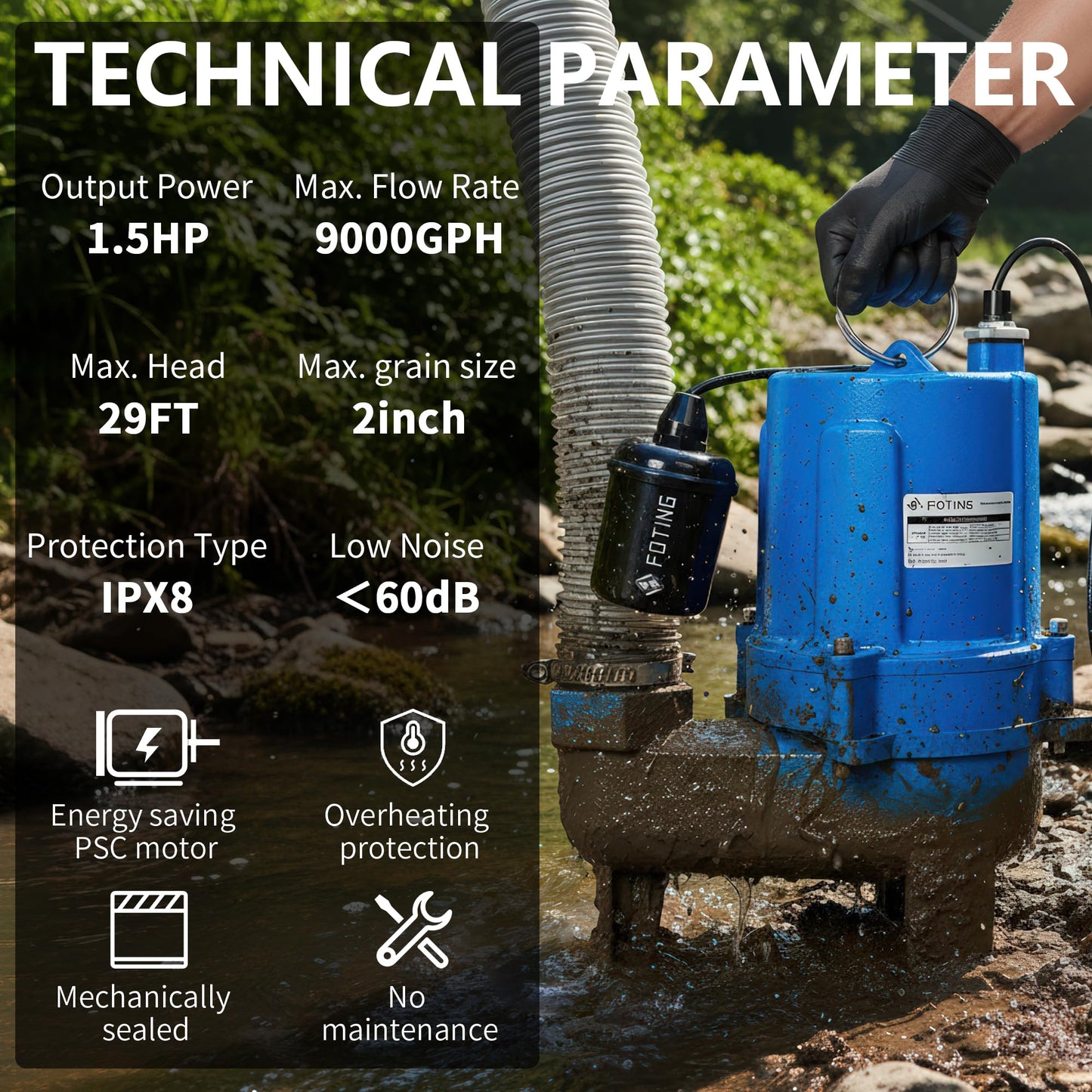 FOTING 1.5HP 9000GPH Submersible Sewage/Effluent Pump, Heavy Duty Cast Iron Septic Pump Automatic/Manual, Sump Pump for Basement, Septic Tank, Sewage Well, Sewage System, 2'' NPT Discharge