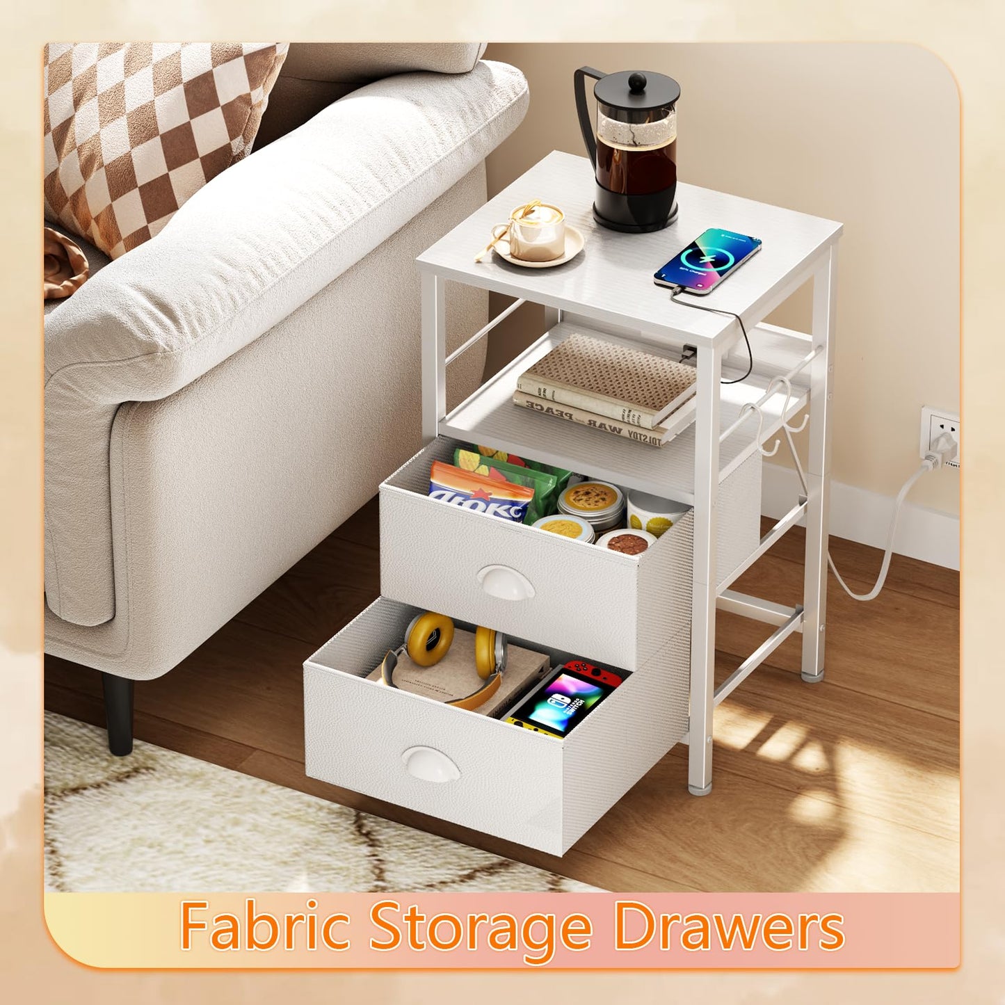 Furologee End Table with Charging Station, Nightstand with Fabric Drawers, Side Tables with USB Ports & Outlets, Night Stand with Storage Shelf & Hooks, for Living Room/Bedroom, White