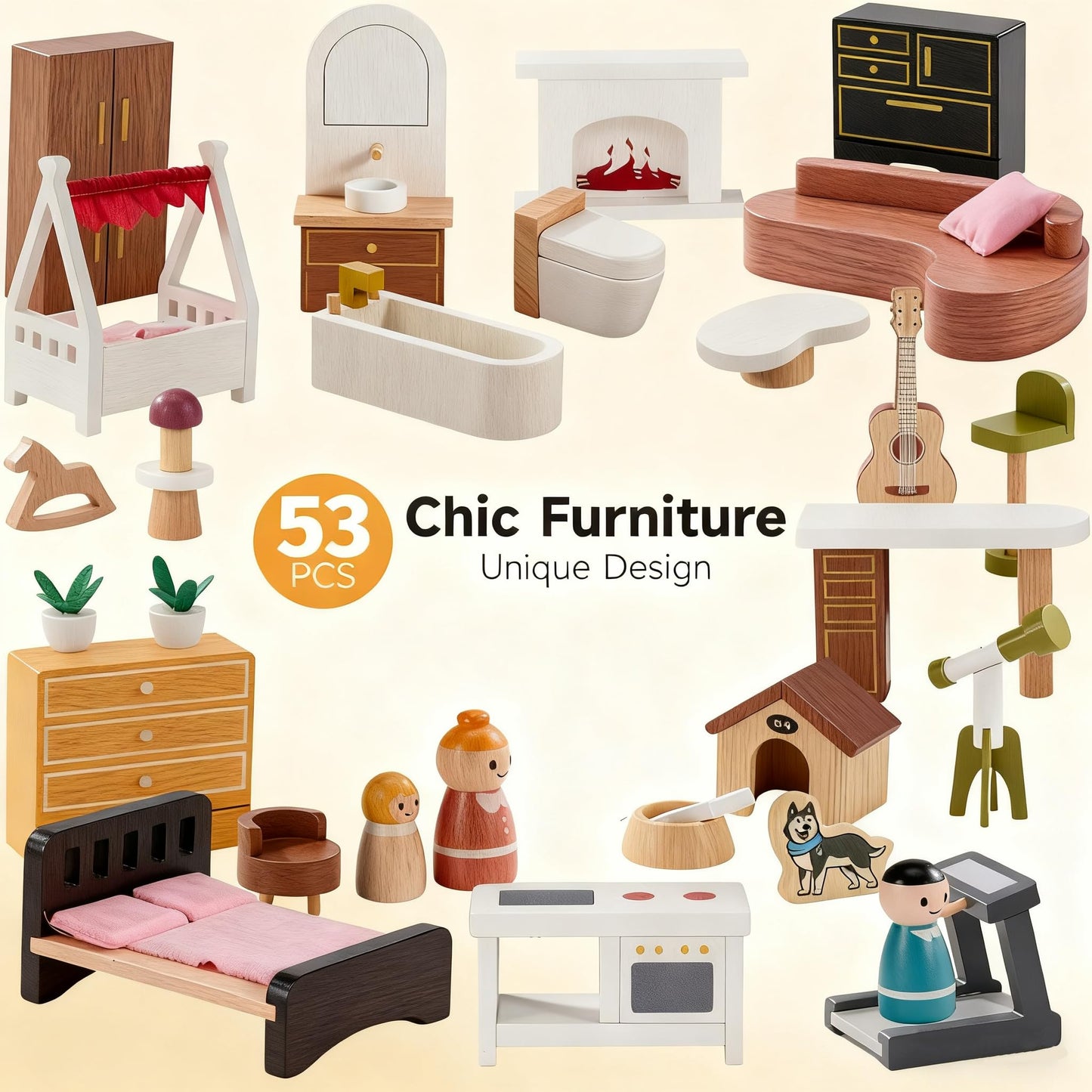 Wooden Doll House with 53Pcs Furniture Doll House, 6 Rooms Toddler Dollhouse Includes Spiral Wooden Staircase and Balcony, Modern Family Dollhouse with Realistic Design Gift for Ages 3+