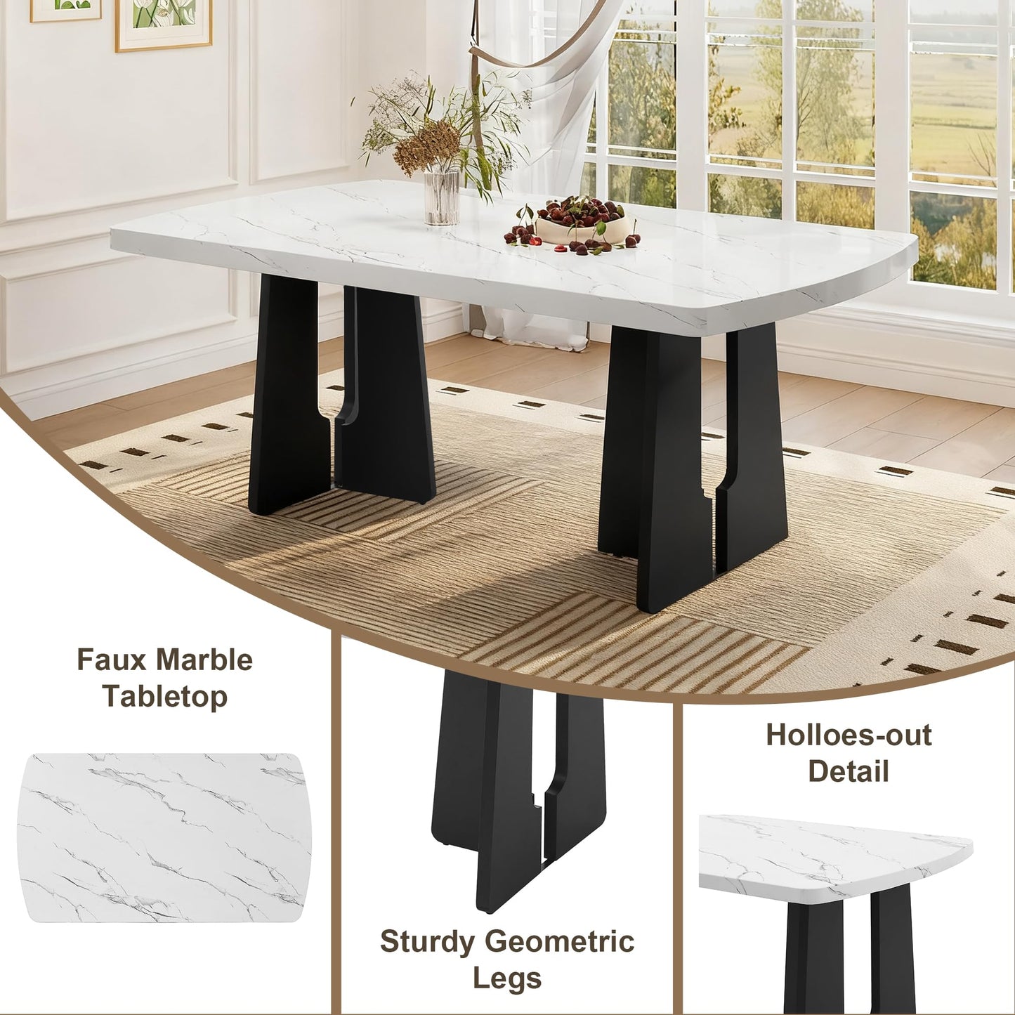 Merax 6-Piece Dining Table Set with Modern Faux Marble Oval Kitchen Tabletop, Four Upholstered Chairs and One Bench for Dining, Living Room, Kitchen, Easy Assembly, White+Beige
