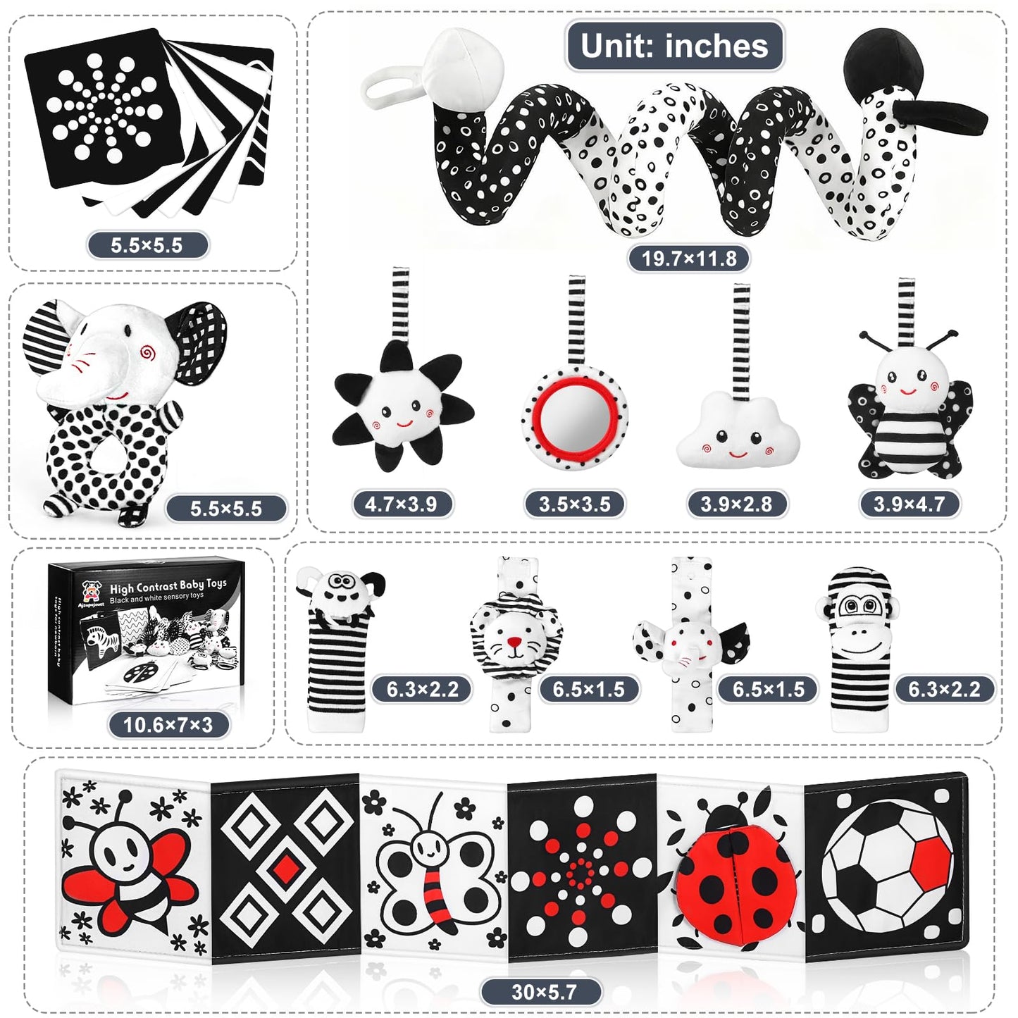 AJsupojouet Newborn Toys,High Contrast Black & White Baby Toys 0-6 Months with Sensory Cards & Rattle, Essential for Brain Development, Tummy Time & Car Seat Toys for 0 2 4 6 Month Old