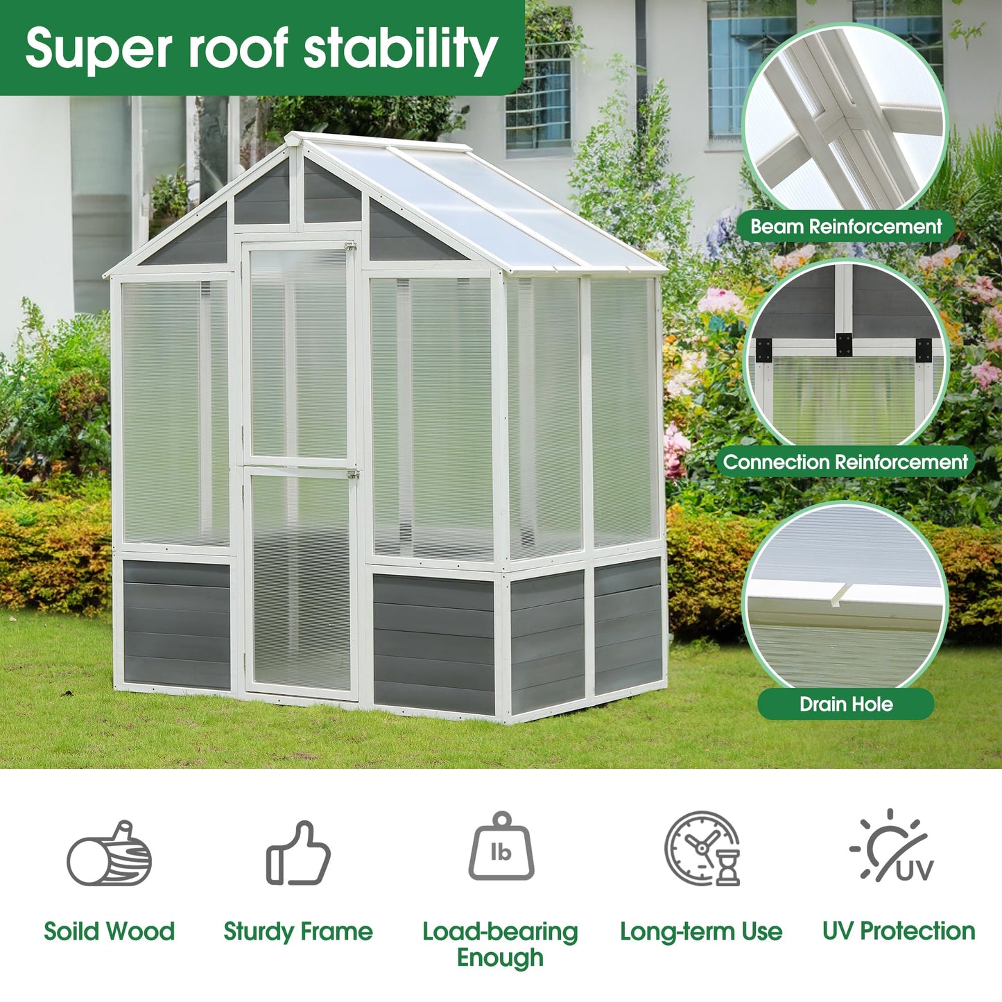 Lovtimber Polycarbonate Greenhouse, Outdoor Walk-in Hobby Green House for Patio Backyard Lawn, Wooden Greenhouse Garden Shed for Plants, Grow House with Front Entry Door (76x48x86 in)