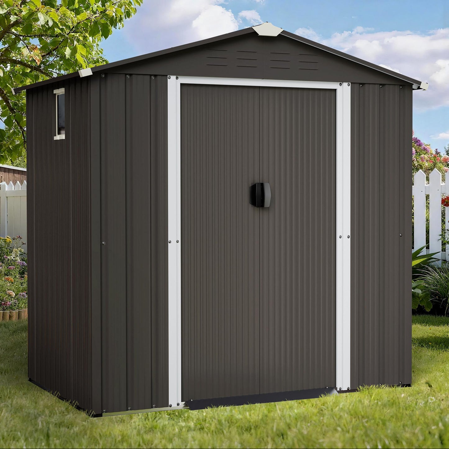 Shintenchi 6x4 FT Outdoor Storage Shed with Window, Lockable Outdoor Waterproof Tool Storage Sheds, Weather Resistant Tool Storage House Shed for Garden, Backyard, Patio Utility Tool Storage,Dark Gray