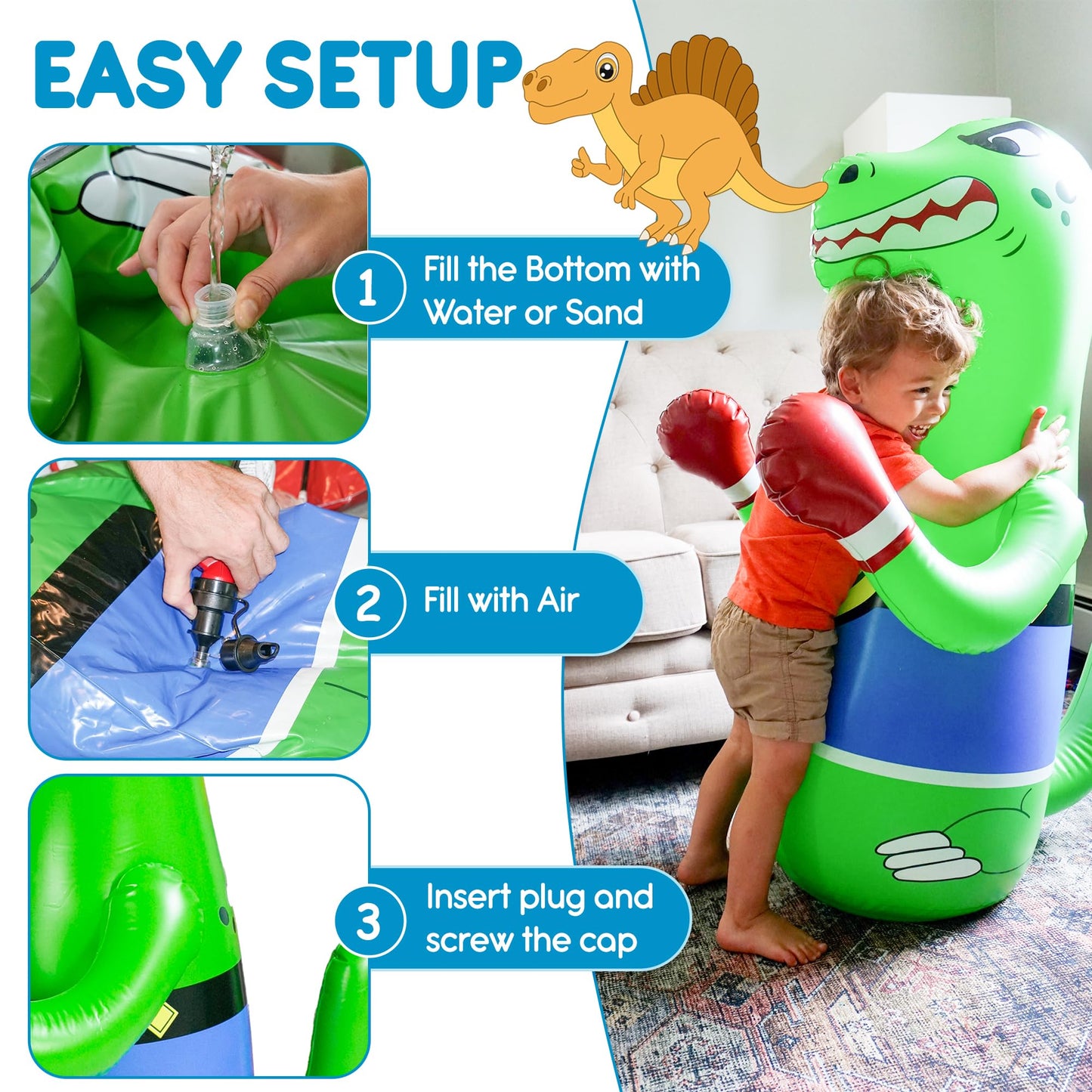 Preferred Toys 47" Inflatable Dinosaur Punching Bag for Kids - Durable Blow Up Kids Punching Bag with Bounce Back Base - Inflatable Indoor Outdoor Active Toddler Bop Play Toy - Orange