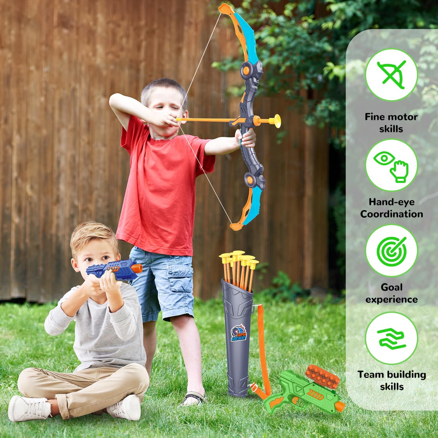 GMAOPHY Bow and Arrow for 5 6 7 8 9 10 11+ Year Old Boys, Birthday Gift for Kids, Indoor Outdoor Activity Toys, 2 Pack LED Light Up Archery Toy with 20 Suction Cup Arrows, Standing Target, 2 Quiver
