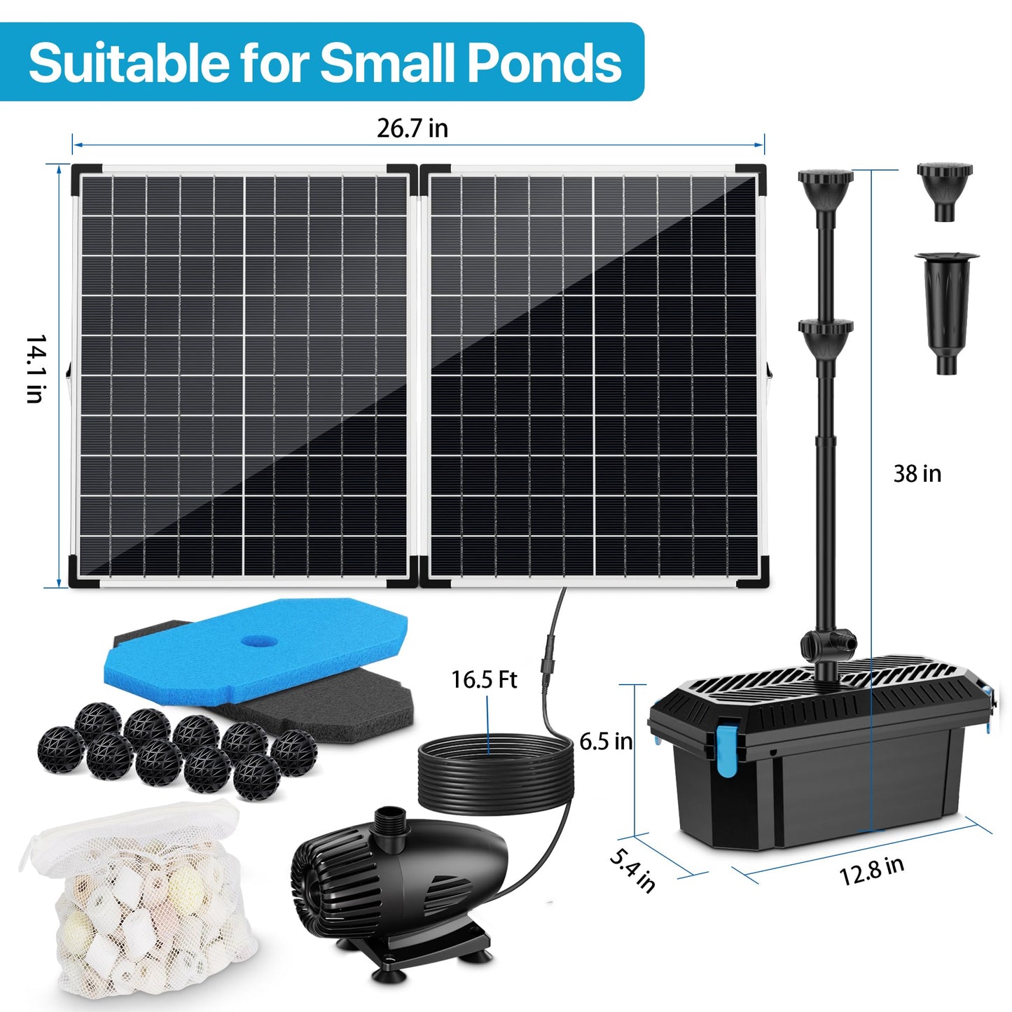 POPOSOAP 55W Solar Fountain Pump with Pond Filter Box, Solar Pond Pump 580GPH Adjustable Flow, Pond Filters for Outdoor Ponds Fish Tank Pool Waterfall Koi Pond Water Features